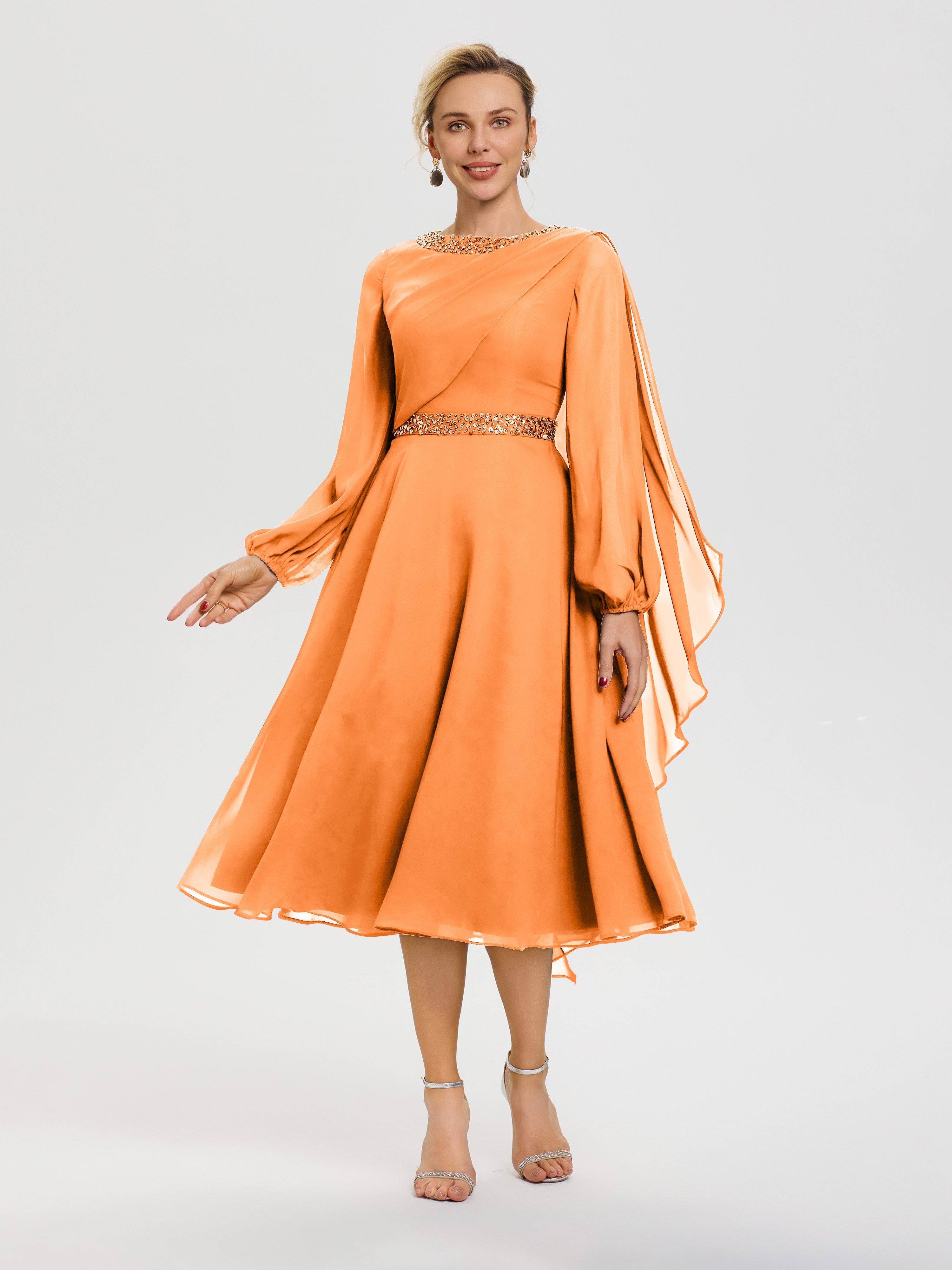 Robe Pour Mère De La Mariée Orange Col Rond Manches Longues Mousseline Robe De Mère Du Marié