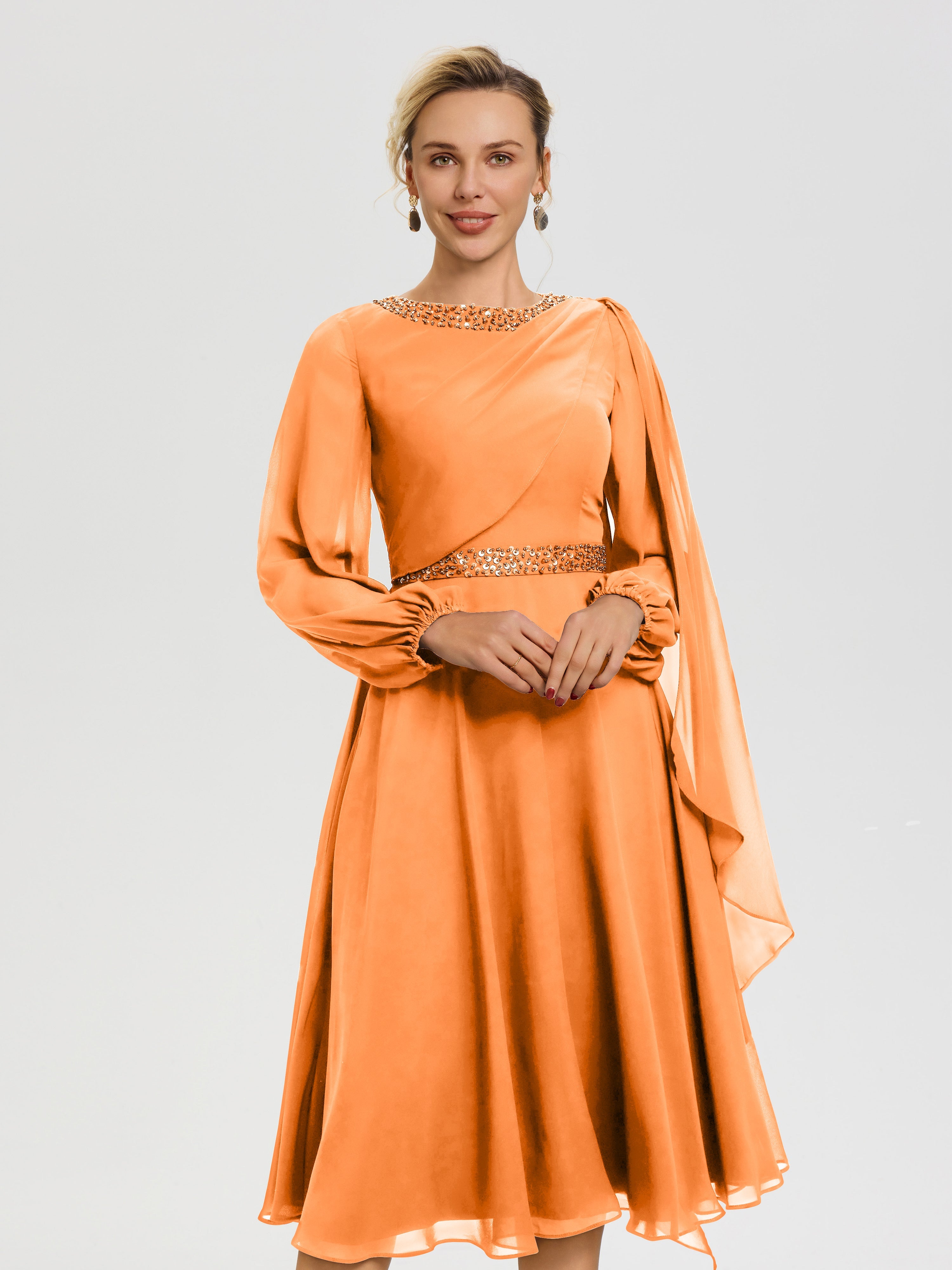 Robe Pour Mère De La Mariée Orange Col Rond Manches Longues Mousseline Robe De Mère Du Marié
