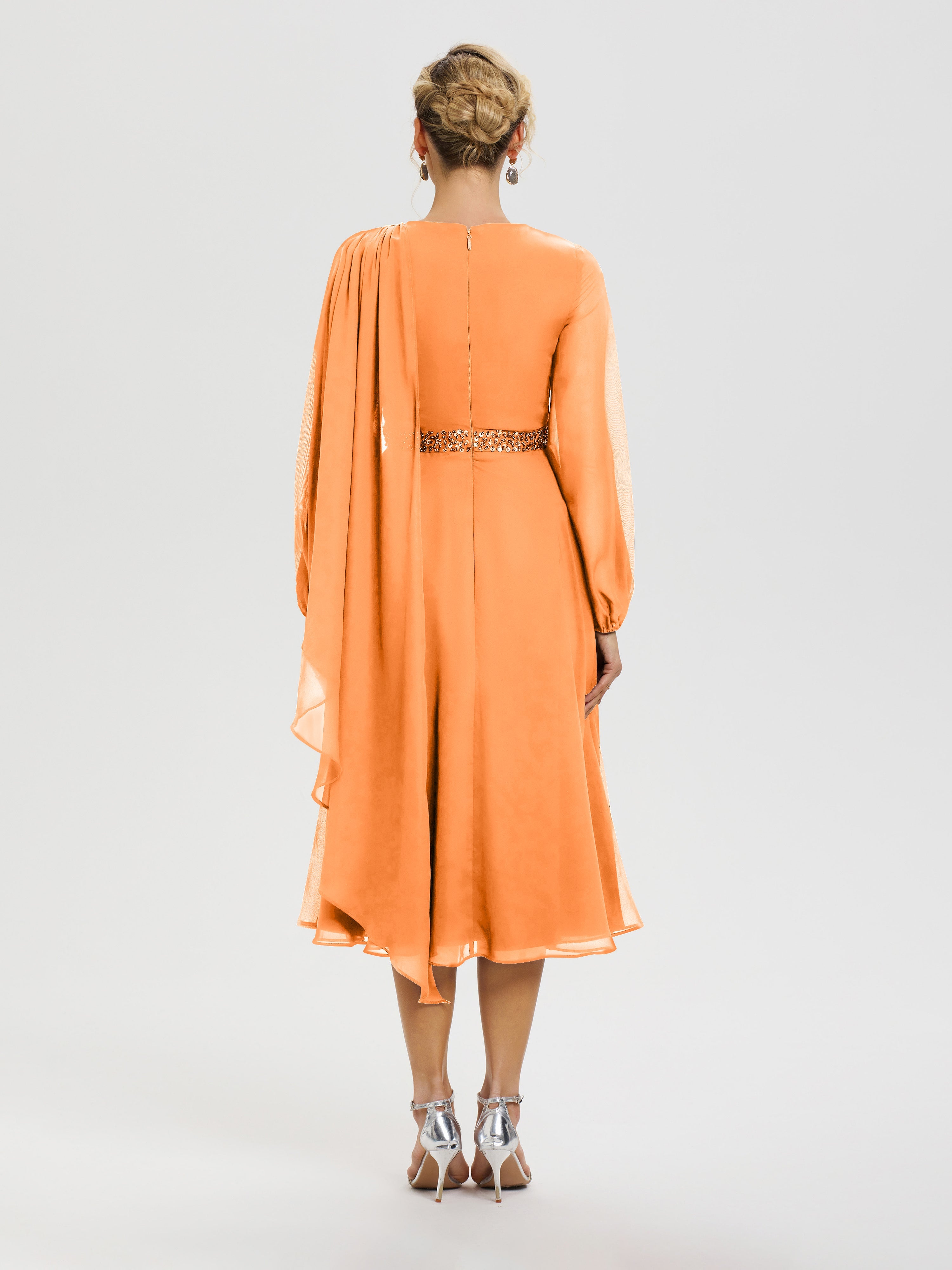 Robe Pour Mère De La Mariée Orange Col Rond Manches Longues Mousseline Robe De Mère Du Marié