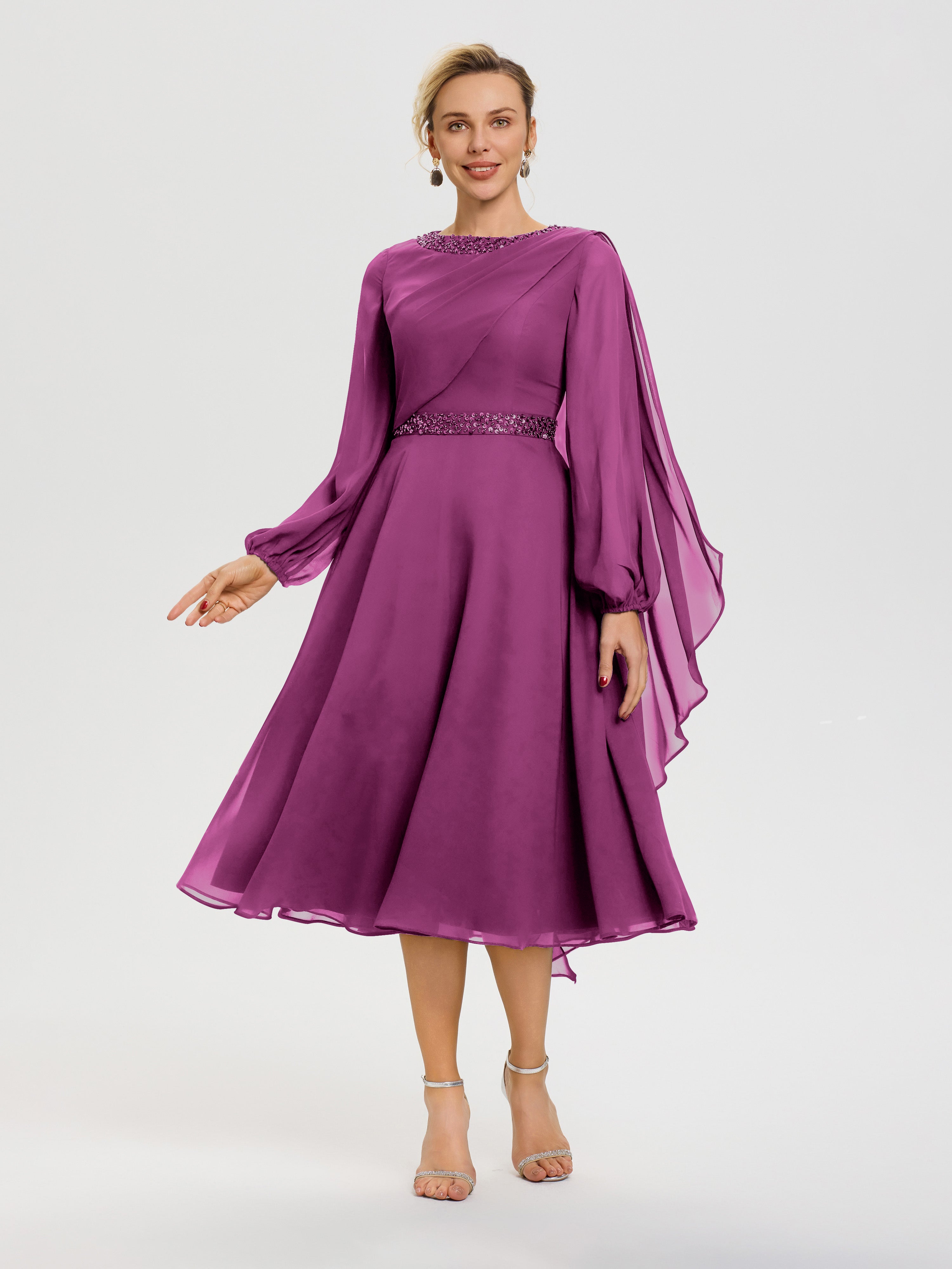 Robe De Cérémonie Mère De La Mariée Orchidée Col Rond Manches Longues Mousseline Robe De Mère Du Marié