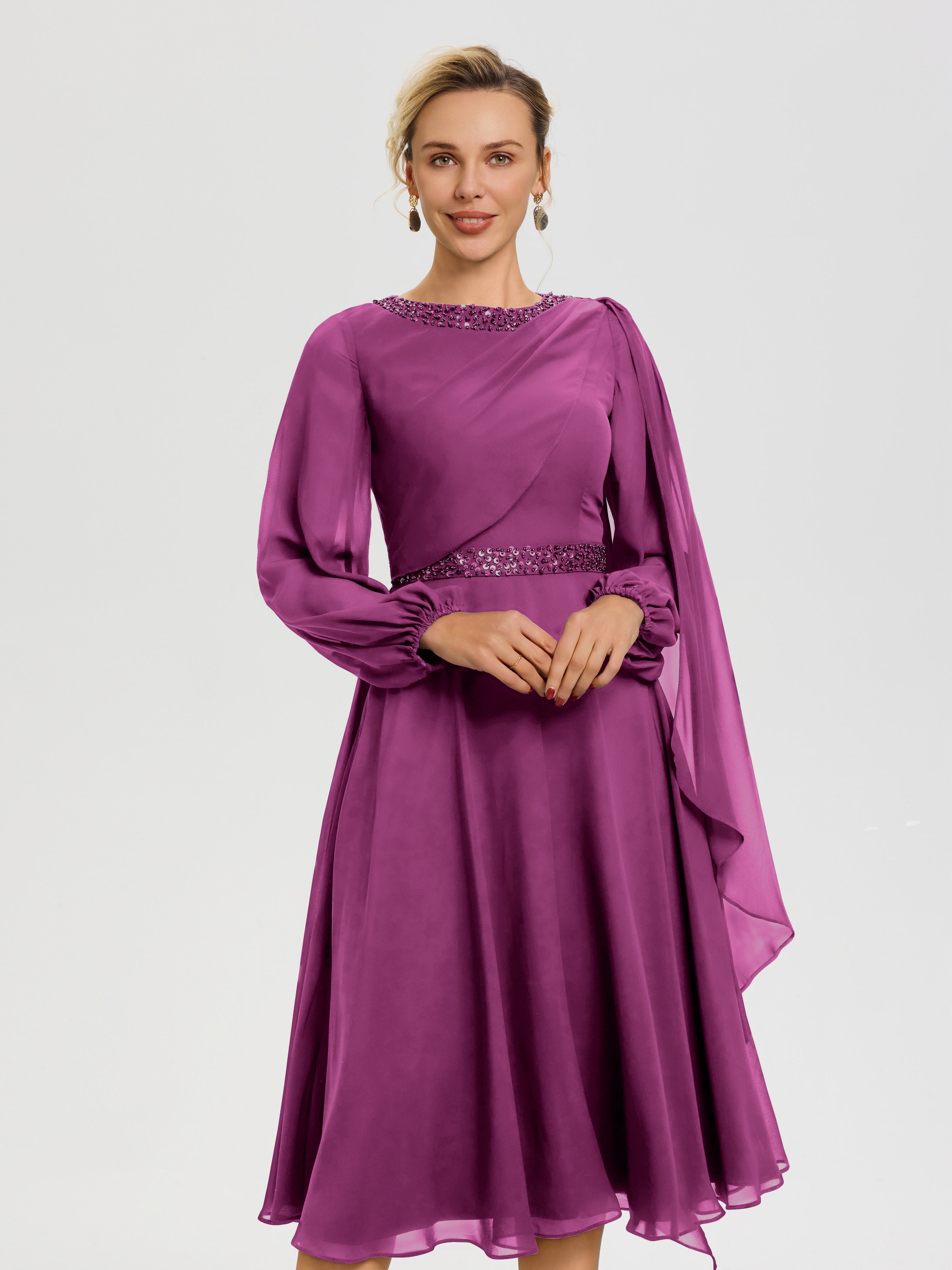 Robe De Cérémonie Mère De La Mariée Orchidée Col Rond Manches Longues Mousseline Robe De Mère Du Marié