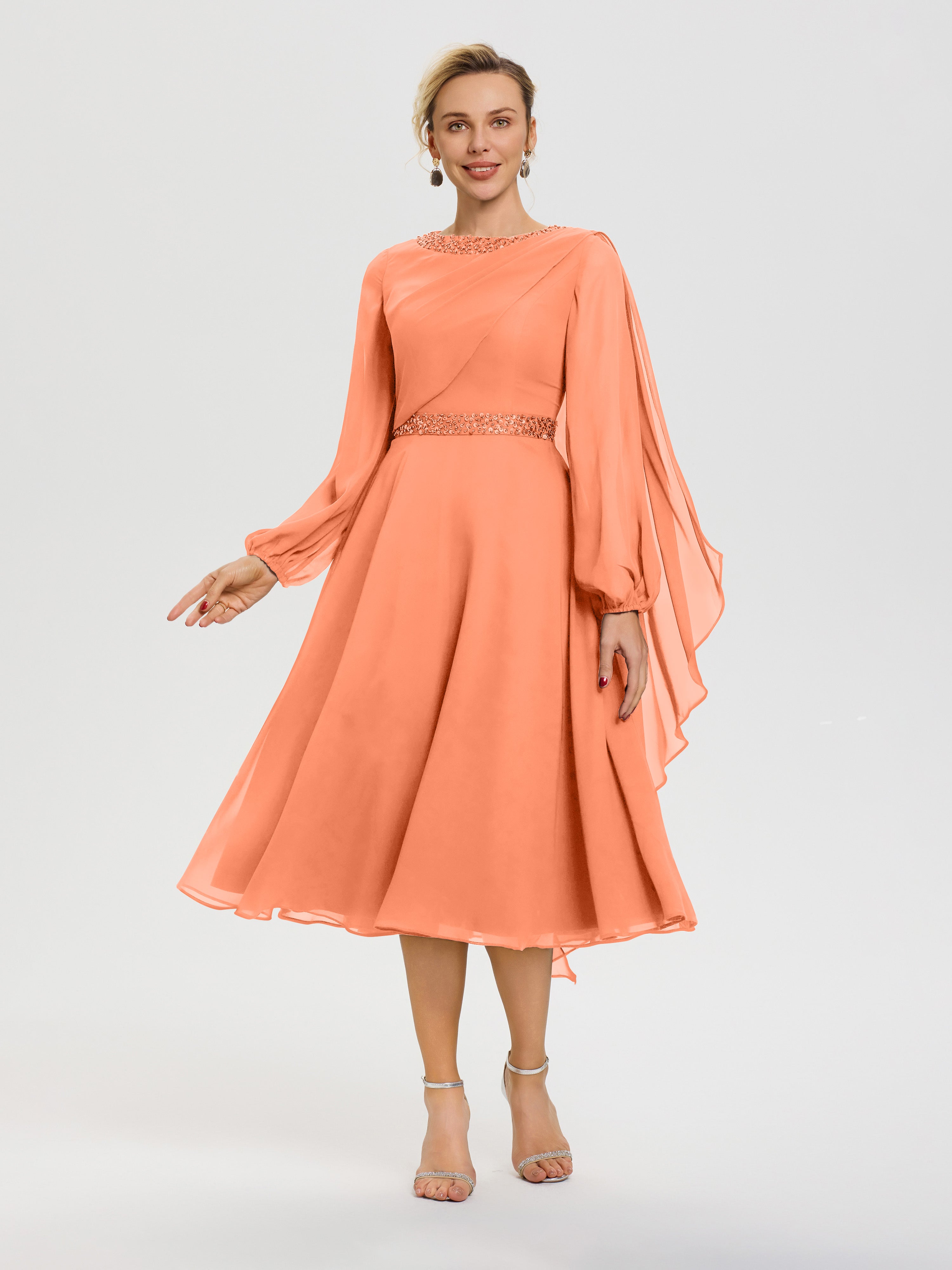 Robe De Cérémonie Mère De La Mariée Papaye Col Rond Manches Longues Mousseline Robe De Mère Du Marié