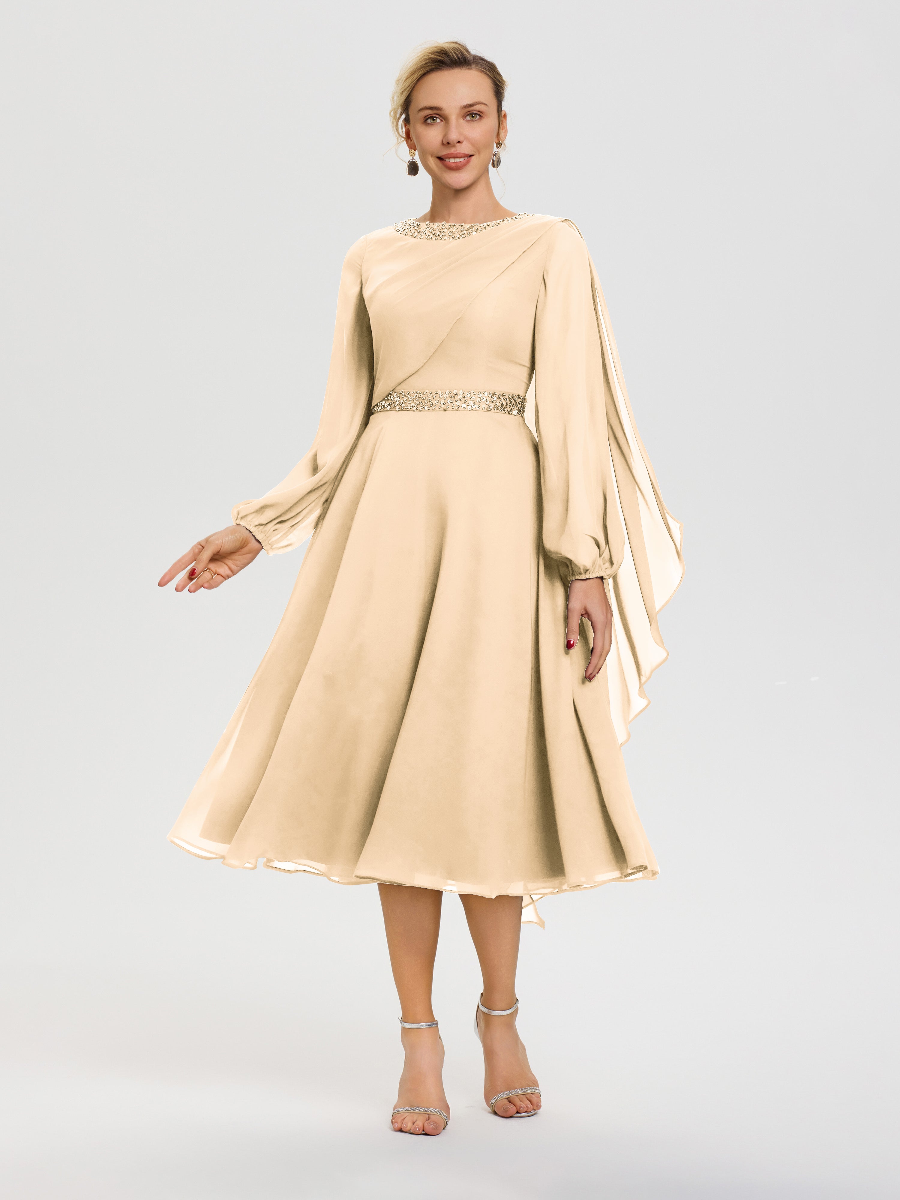 Robe Mariage Mère Du Marié Pêche Col Rond Manches Longues Mousseline Robe De Mère Du Marié