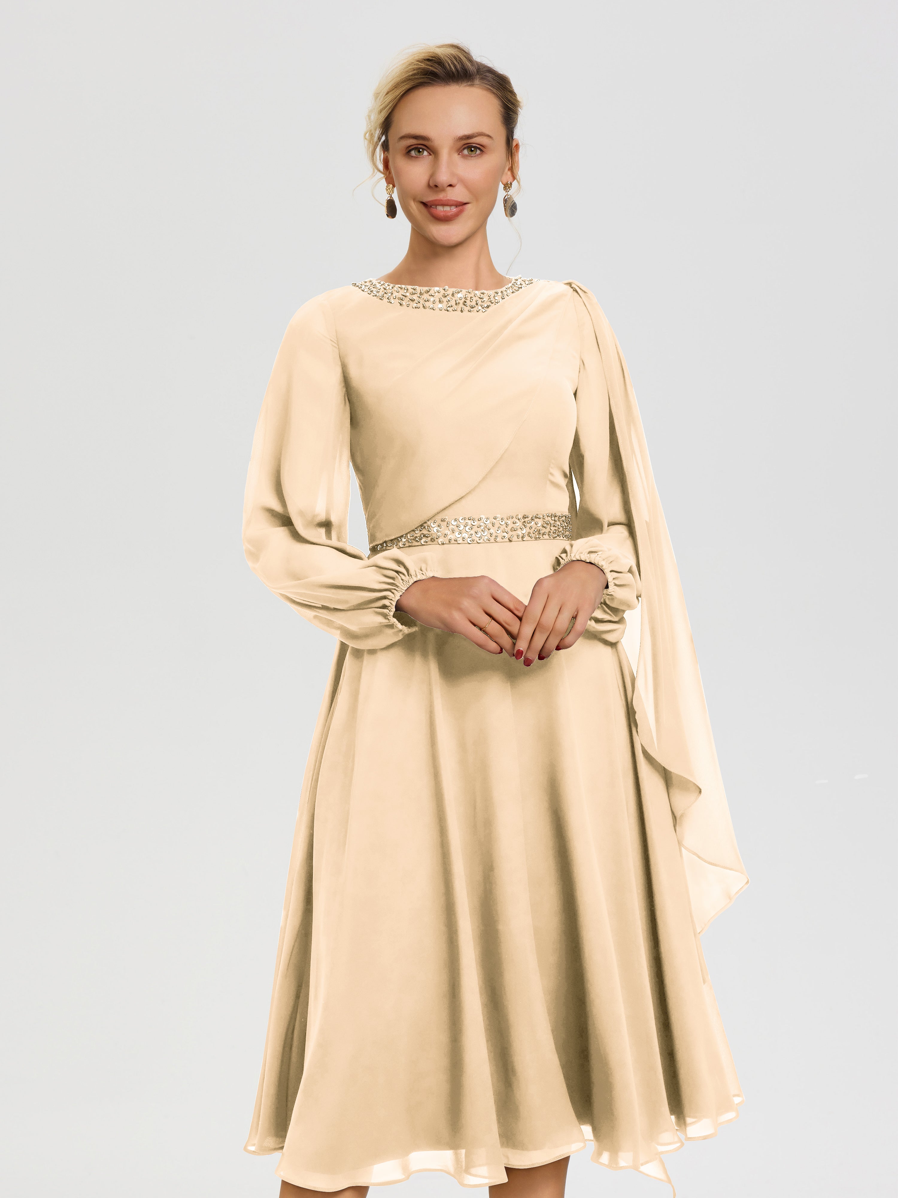 Robe Mariage Mère Du Marié Pêche Col Rond Manches Longues Mousseline Robe De Mère Du Marié