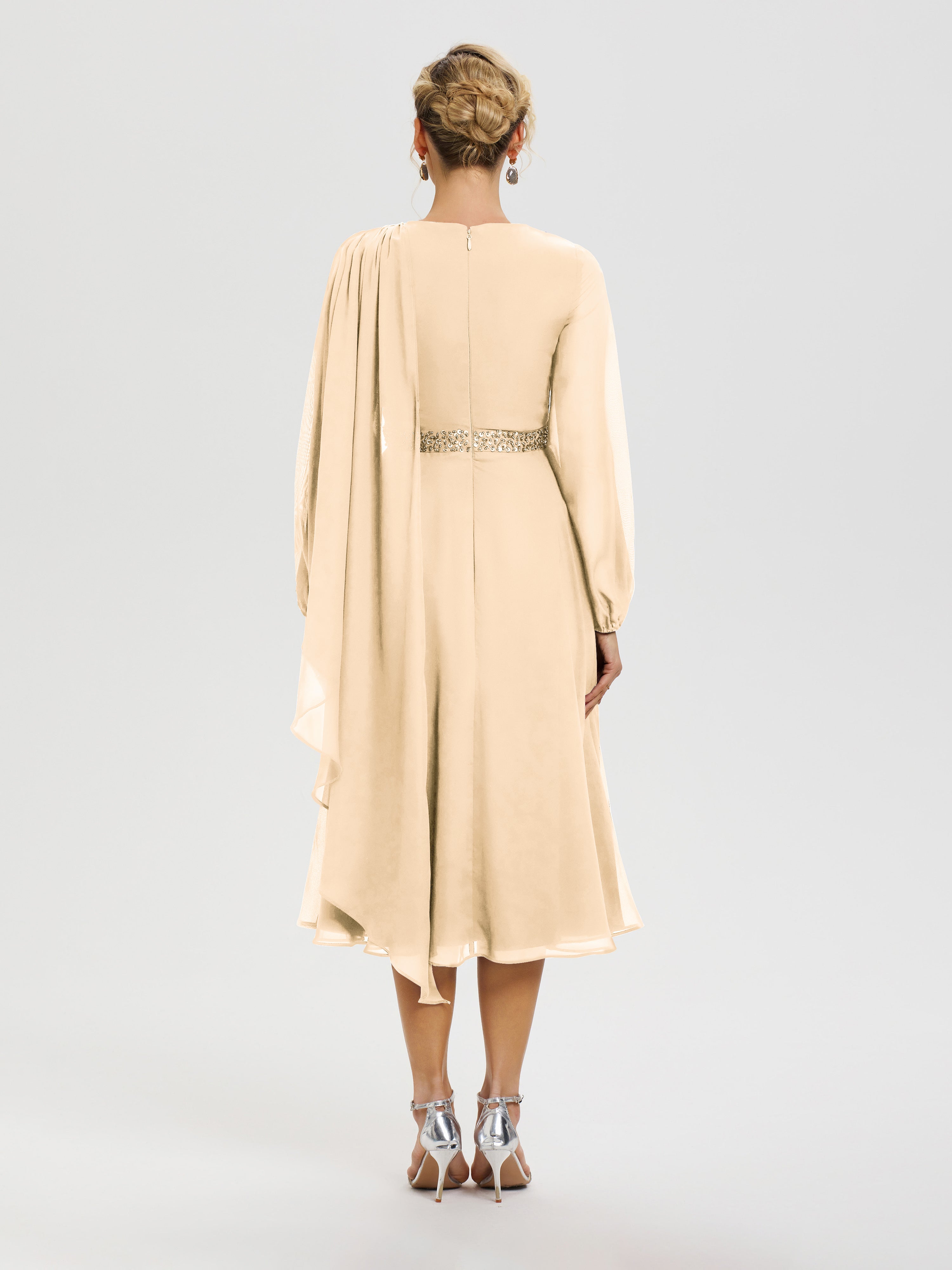 Robe Mariage Mère Du Marié Pêche Col Rond Manches Longues Mousseline Robe De Mère Du Marié