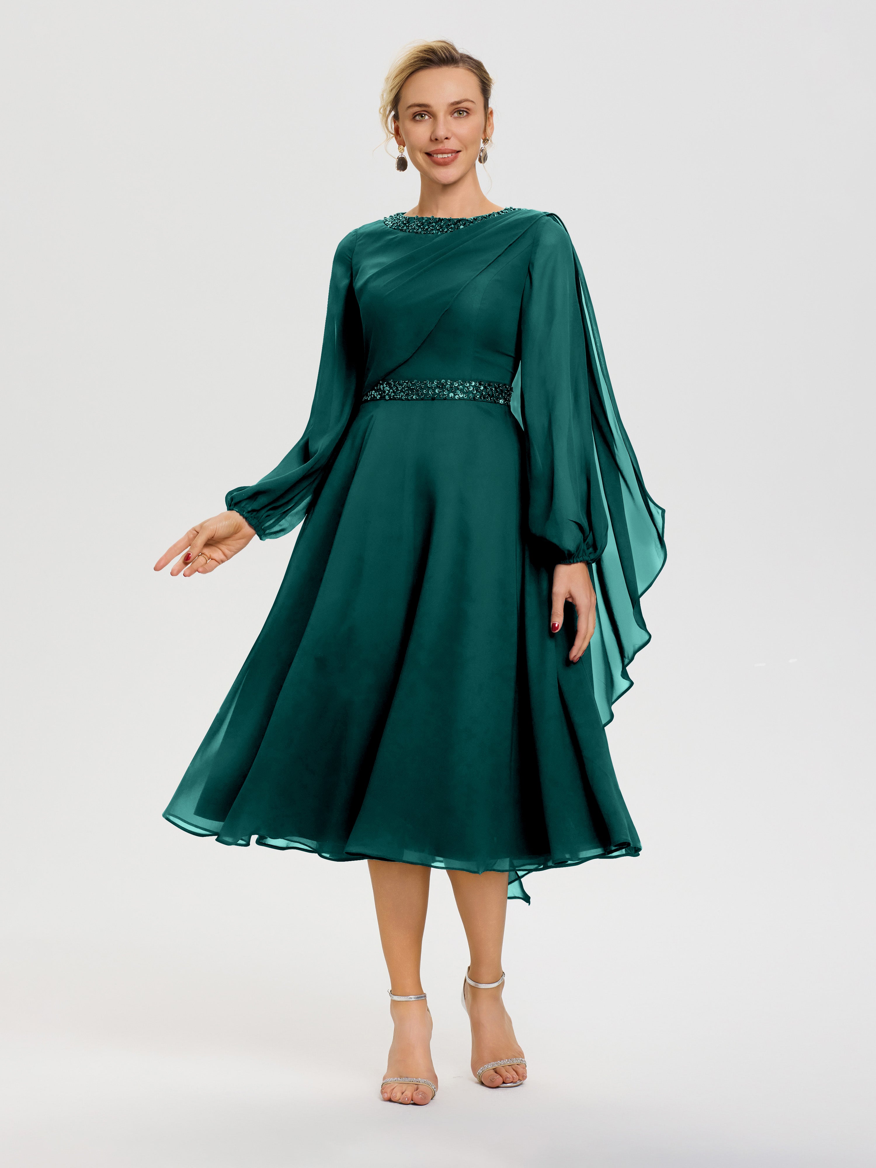 Robe De Cérémonie Mère De La Mariée Paon Col Rond Manches Longues Mousseline Robe De Mère Du Marié