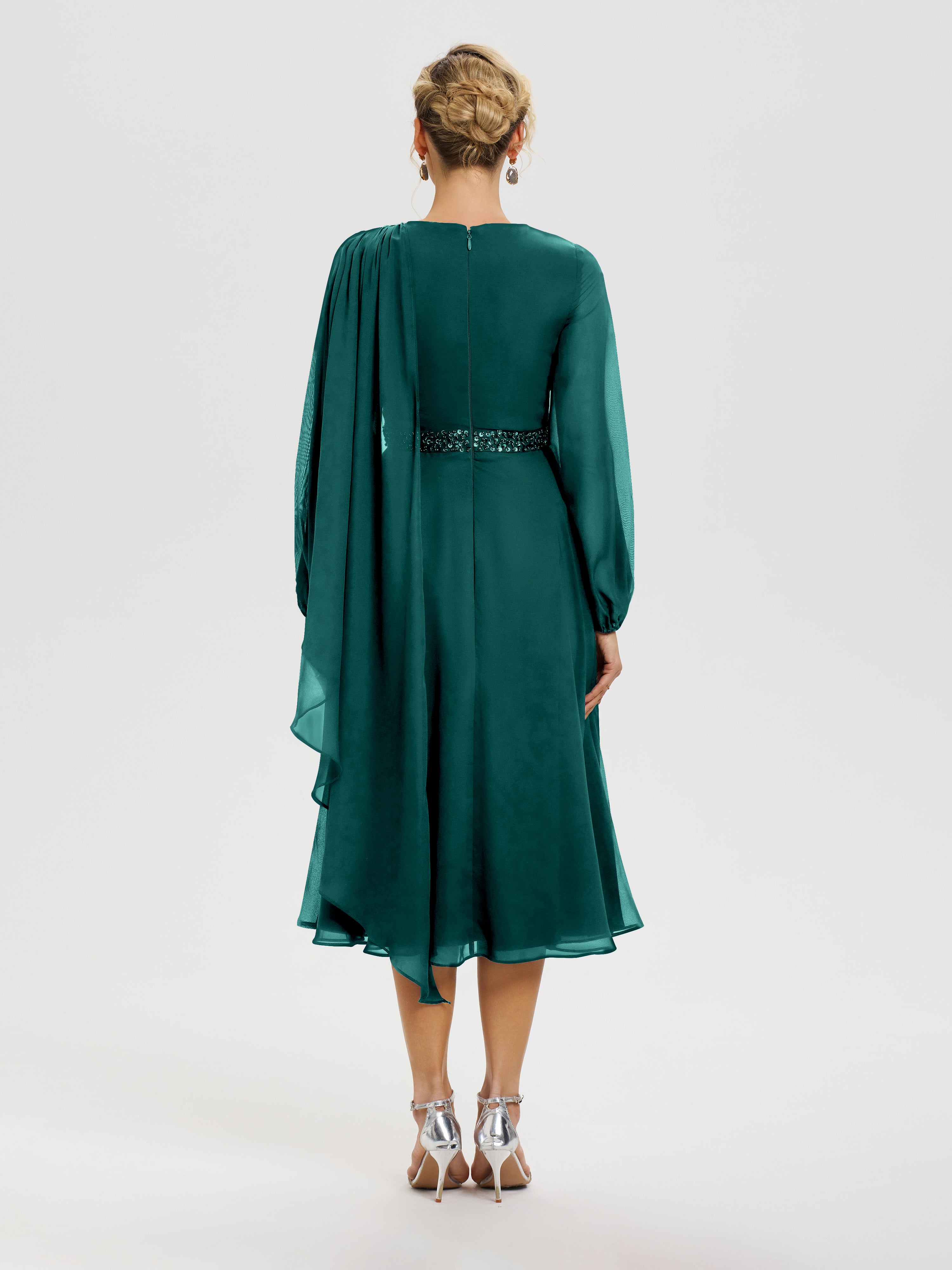 Robe De Cérémonie Mère De La Mariée Paon Col Rond Manches Longues Mousseline Robe De Mère Du Marié