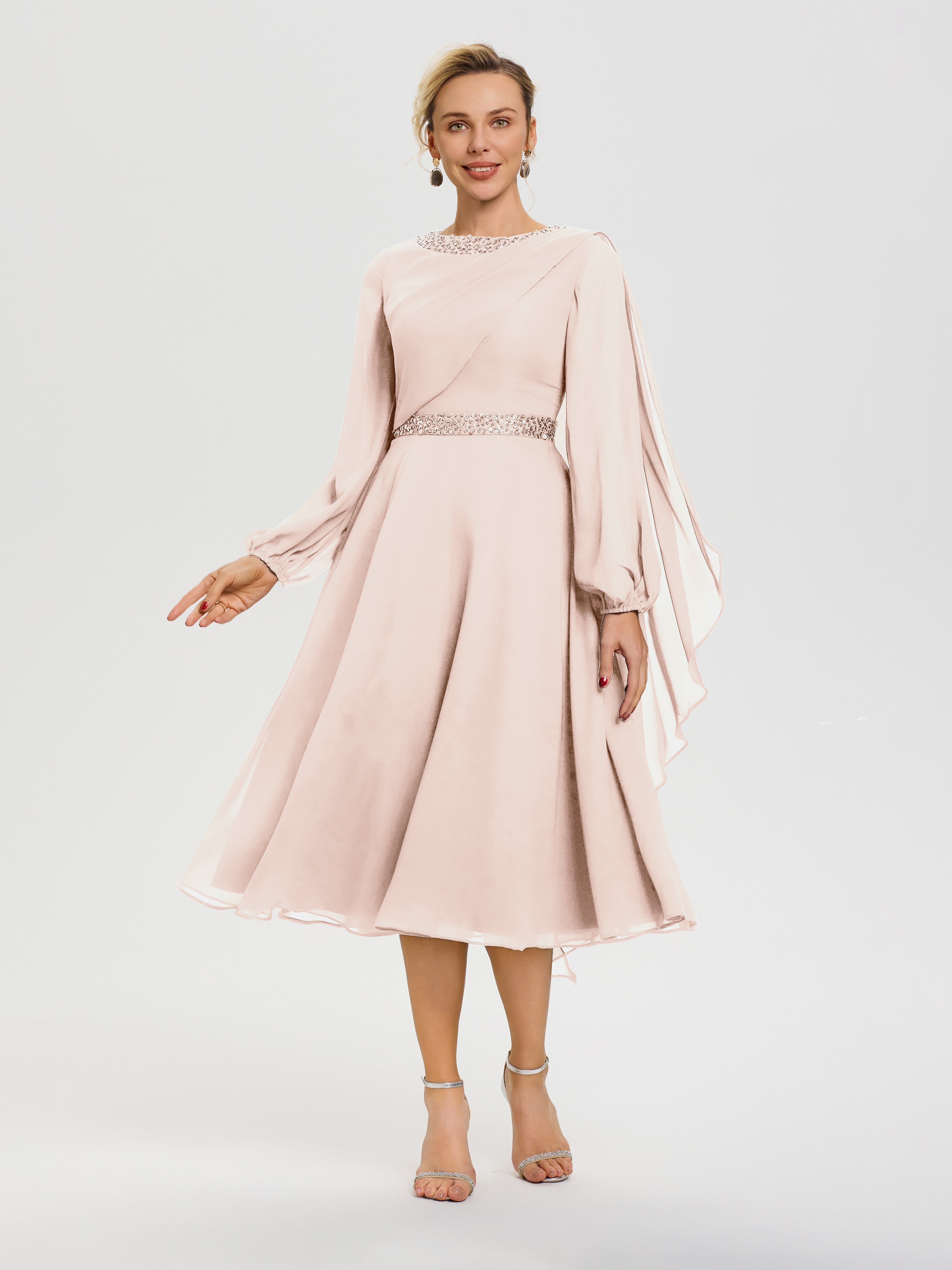 Robe De Cérémonie Mère De La Mariée Rose Perle Col Rond Manches Longue