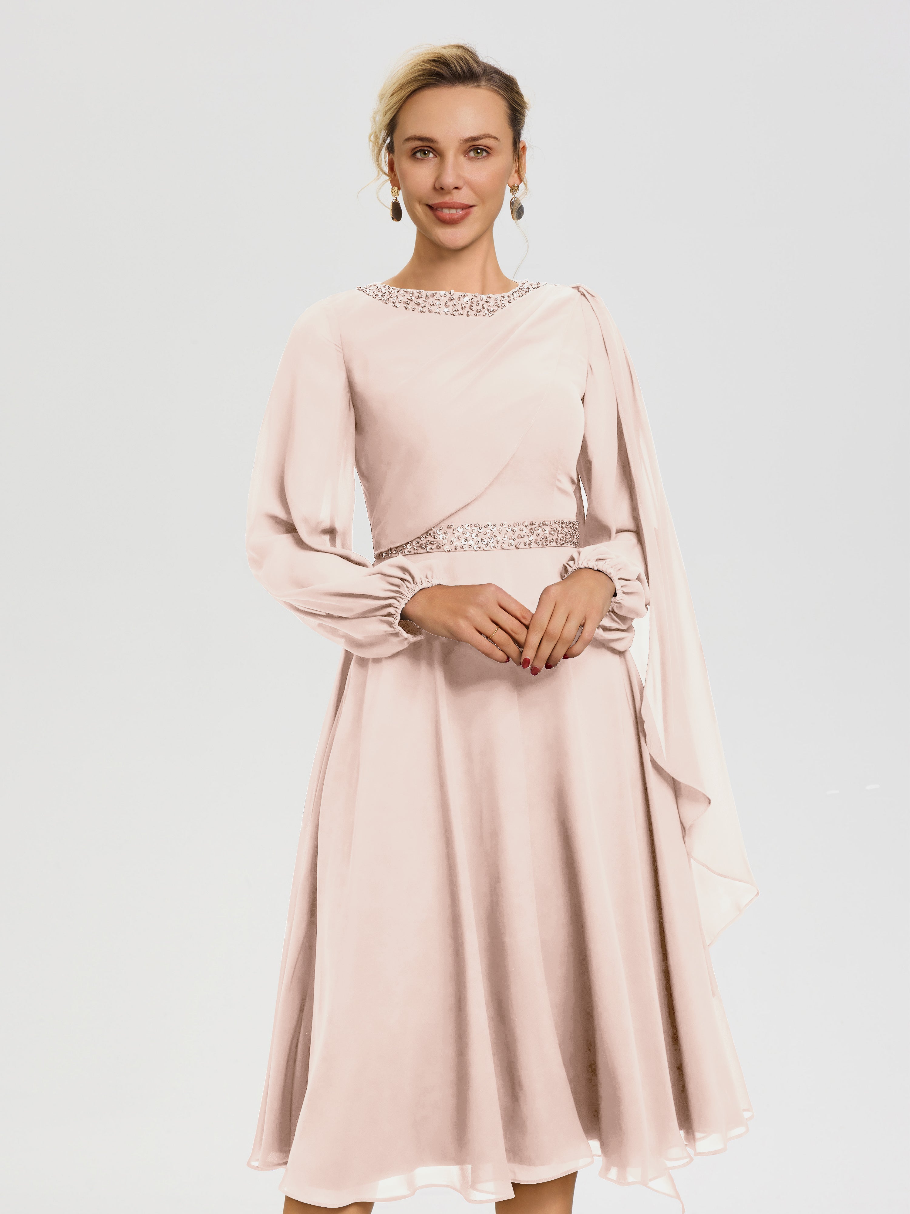 Robe De Cérémonie Mère De La Mariée Rose Perle Col Rond Manches Longues Mousseline Robe De Mère Du Marié