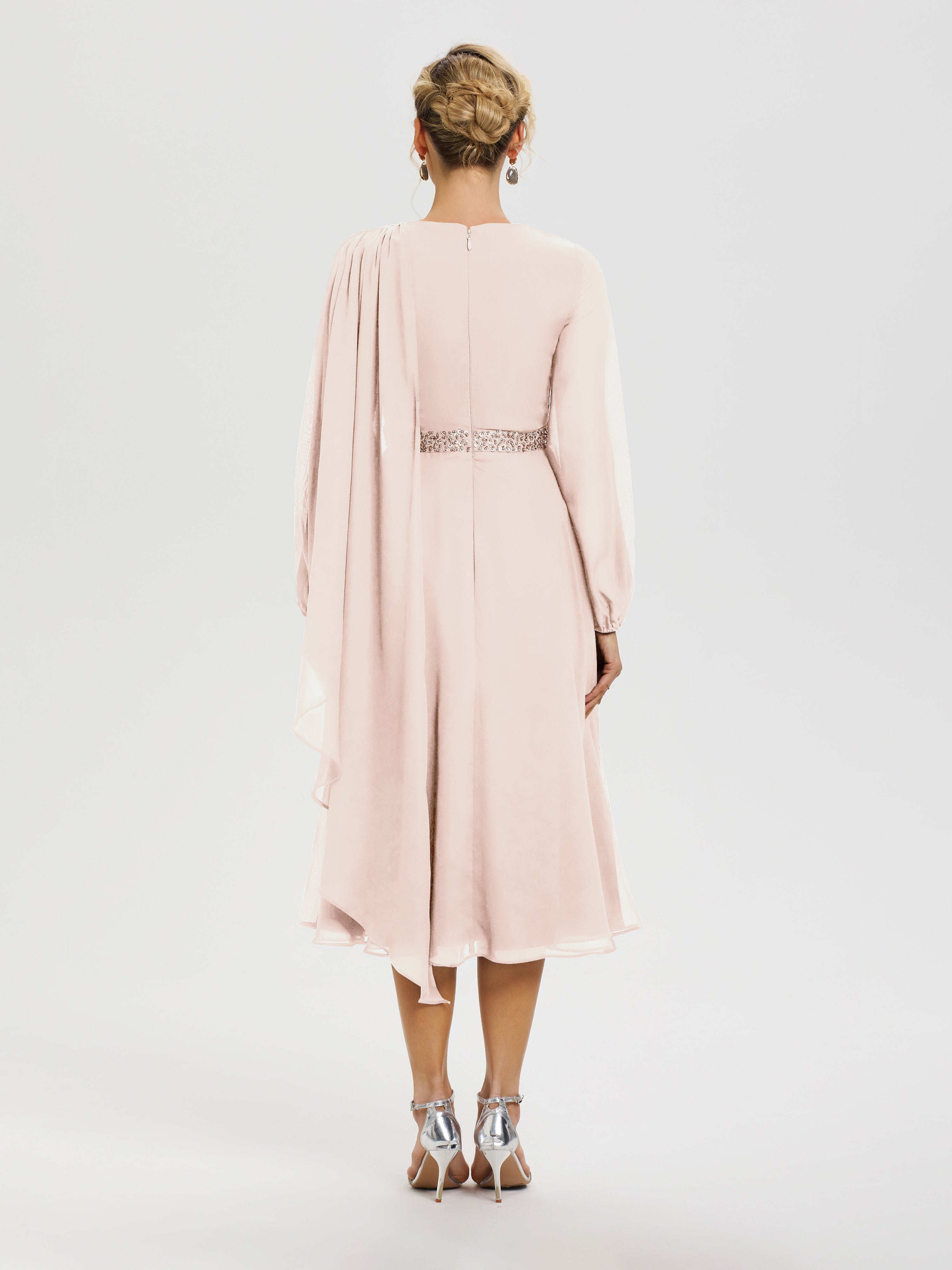 Robe De Cérémonie Mère De La Mariée Rose Perle Col Rond Manches Longues Mousseline Robe De Mère Du Marié