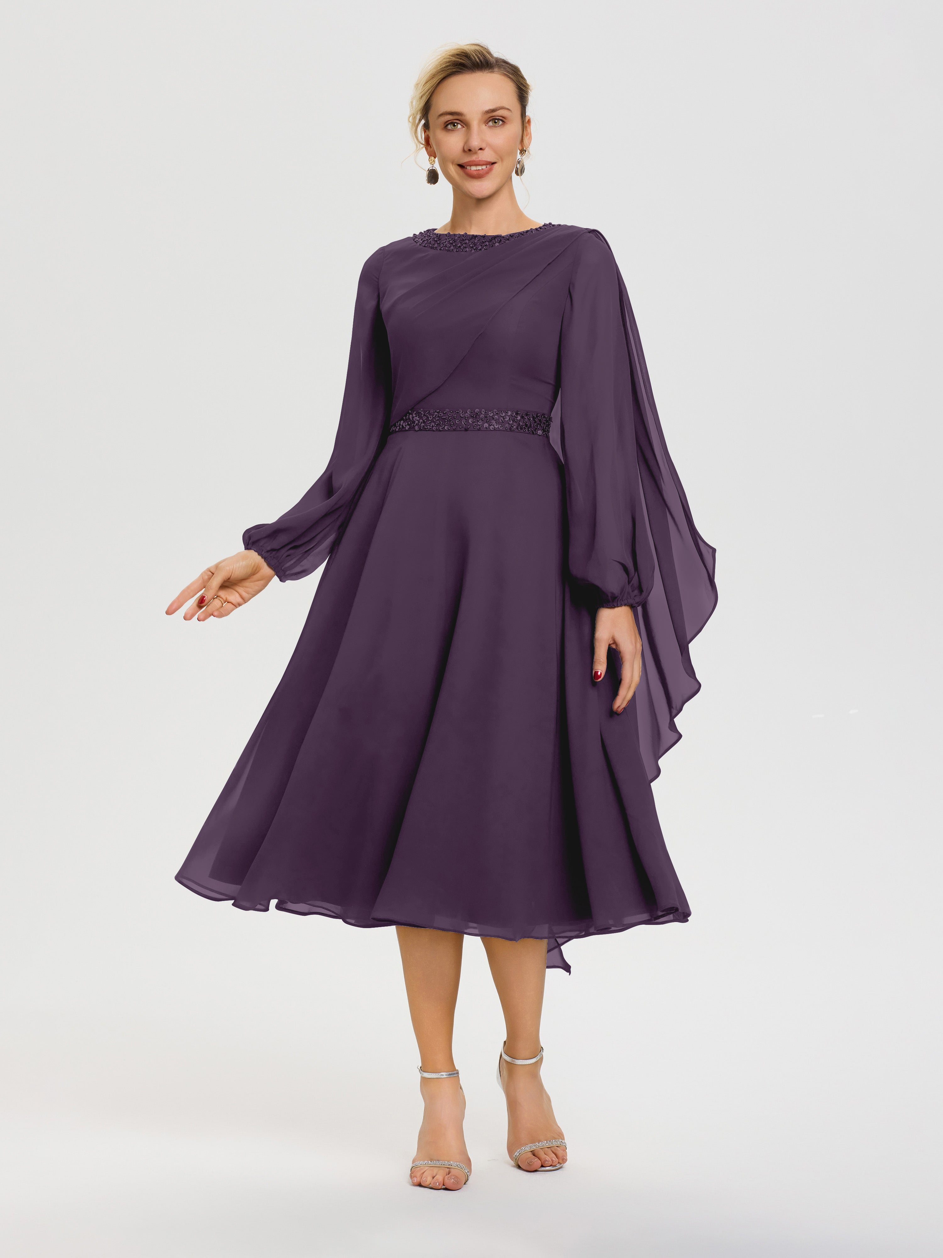 Robe De Cérémonie Mère De La Mariée Plum Col Rond Manches Longues Mousseline Robe De Mère Du Marié