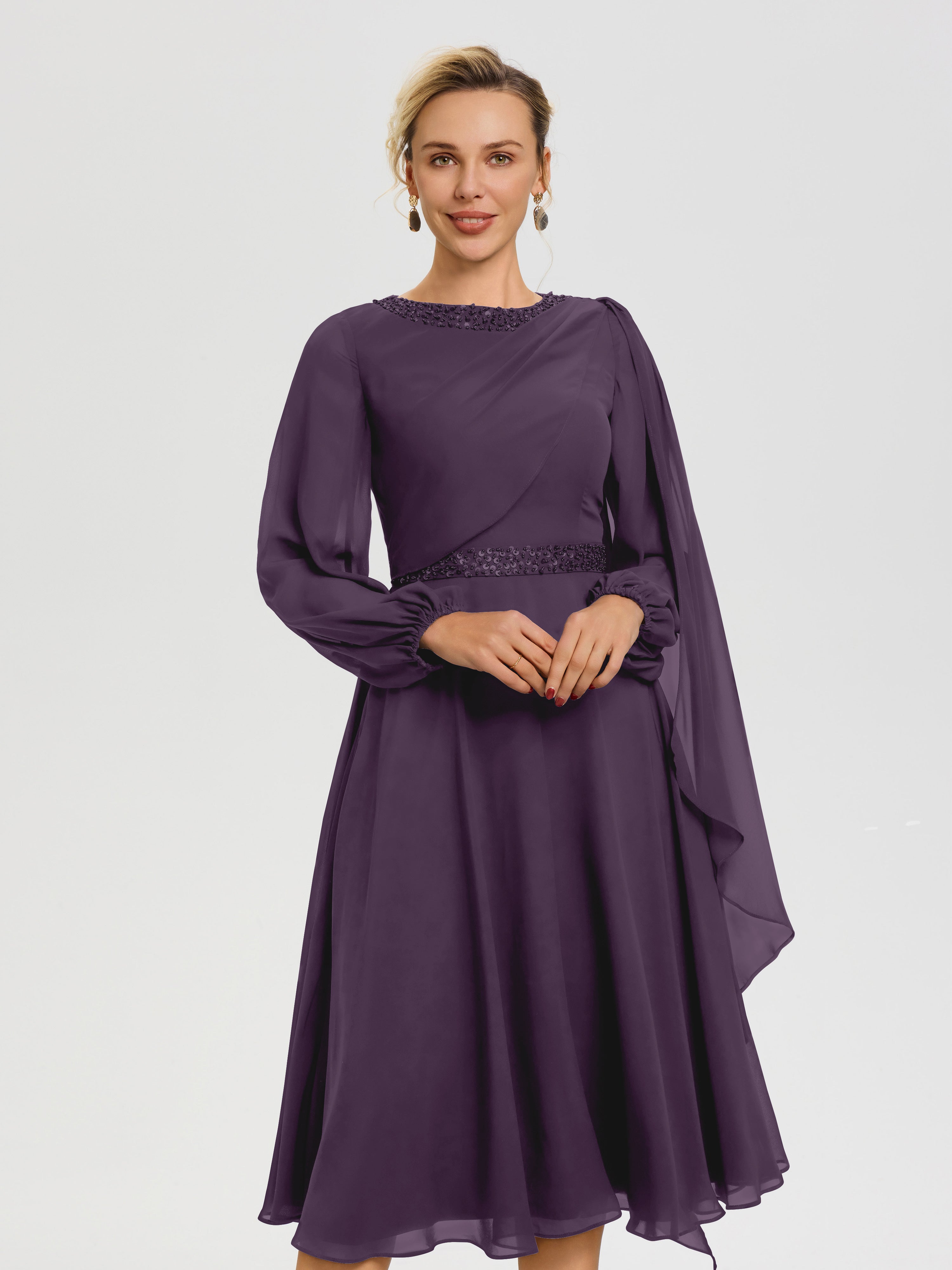 Robe De Cérémonie Mère De La Mariée Plum Col Rond Manches Longues Mousseline Robe De Mère Du Marié