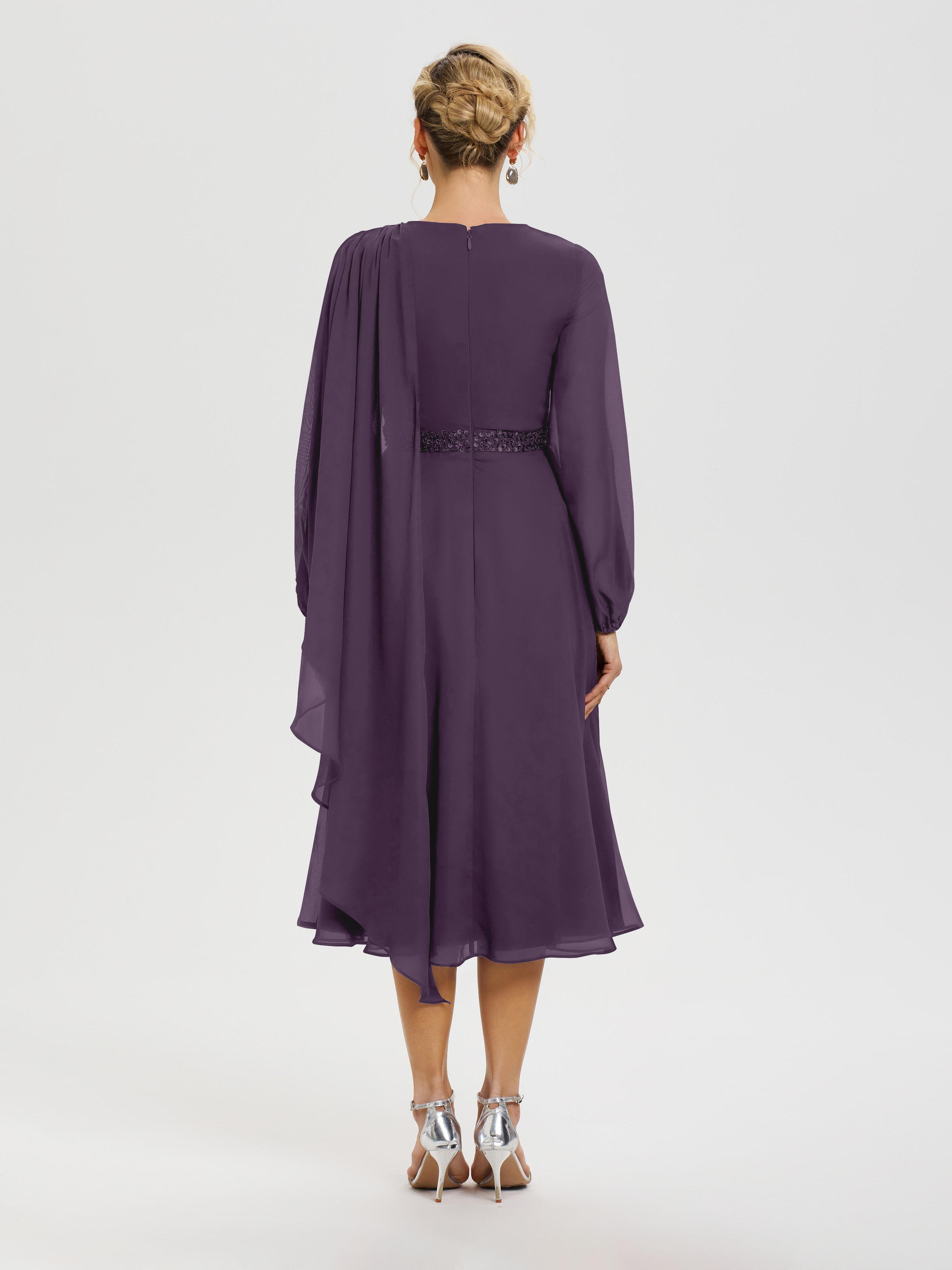 Robe De Cérémonie Mère De La Mariée Plum Col Rond Manches Longues Mousseline Robe De Mère Du Marié