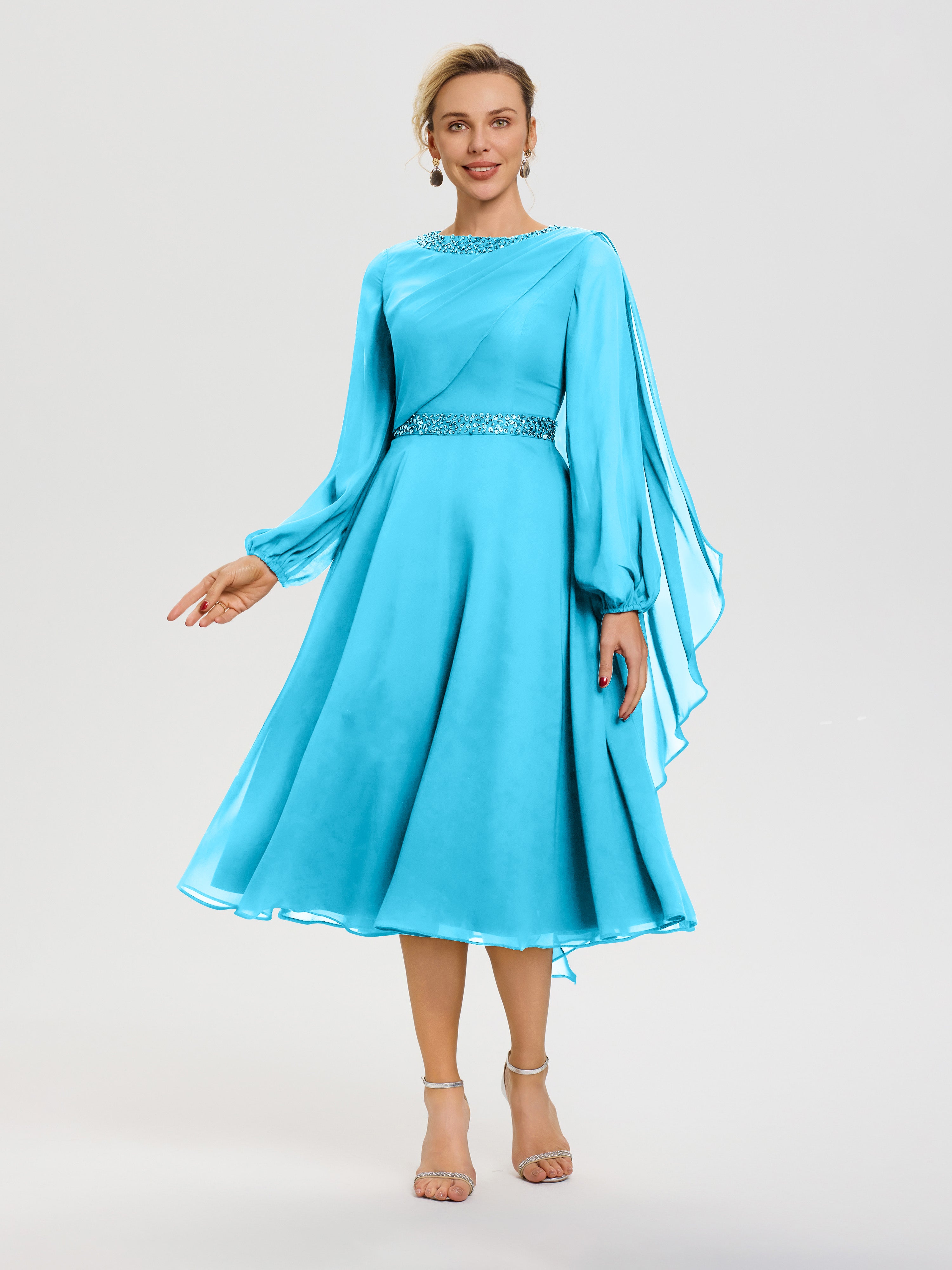 Robe De Cérémonie Mère De La Mariée Piscine Col Rond Manches Longues Mousseline Robe De Mère Du Marié