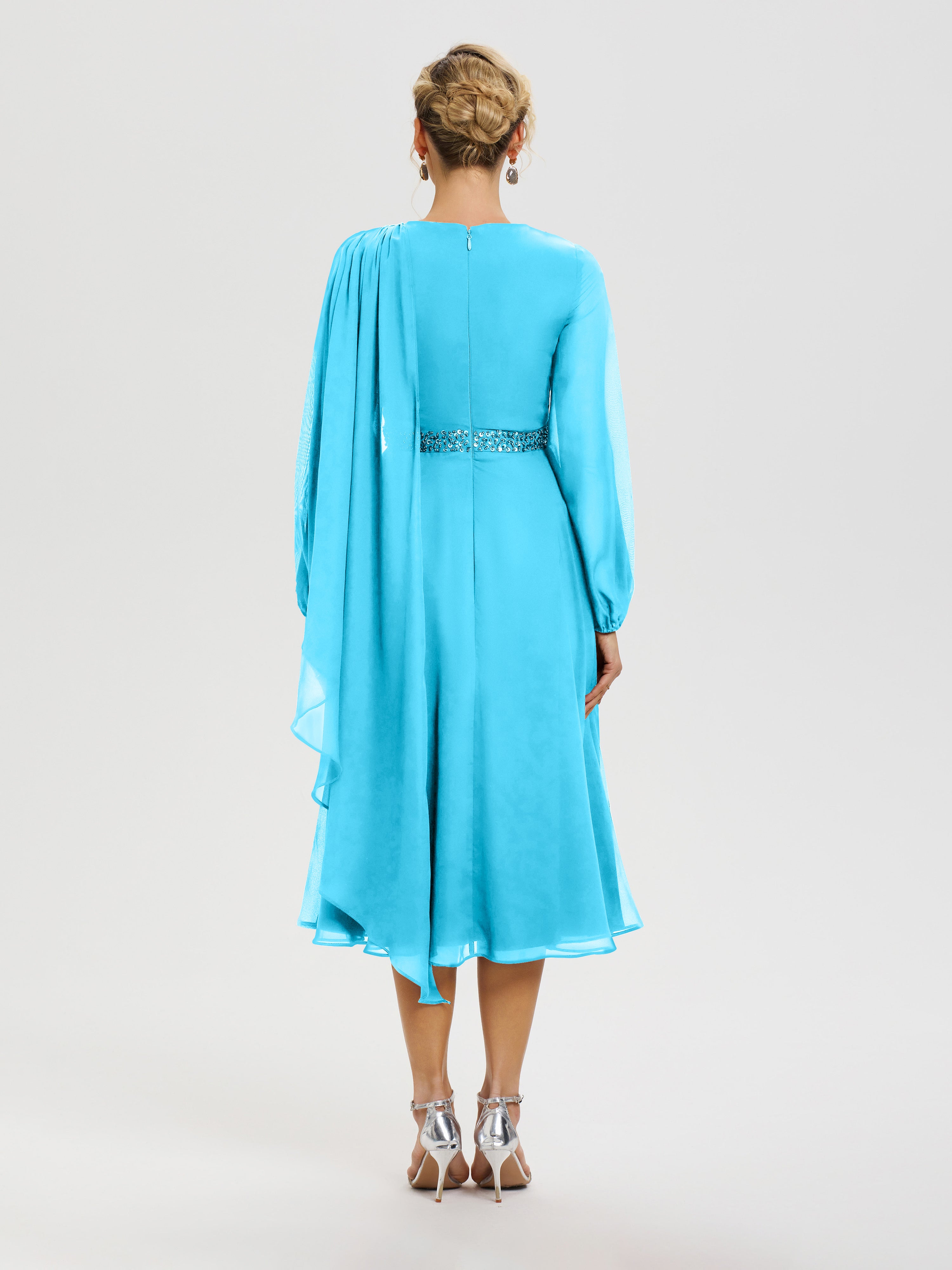 Robe De Cérémonie Mère De La Mariée Piscine Col Rond Manches Longues Mousseline Robe De Mère Du Marié