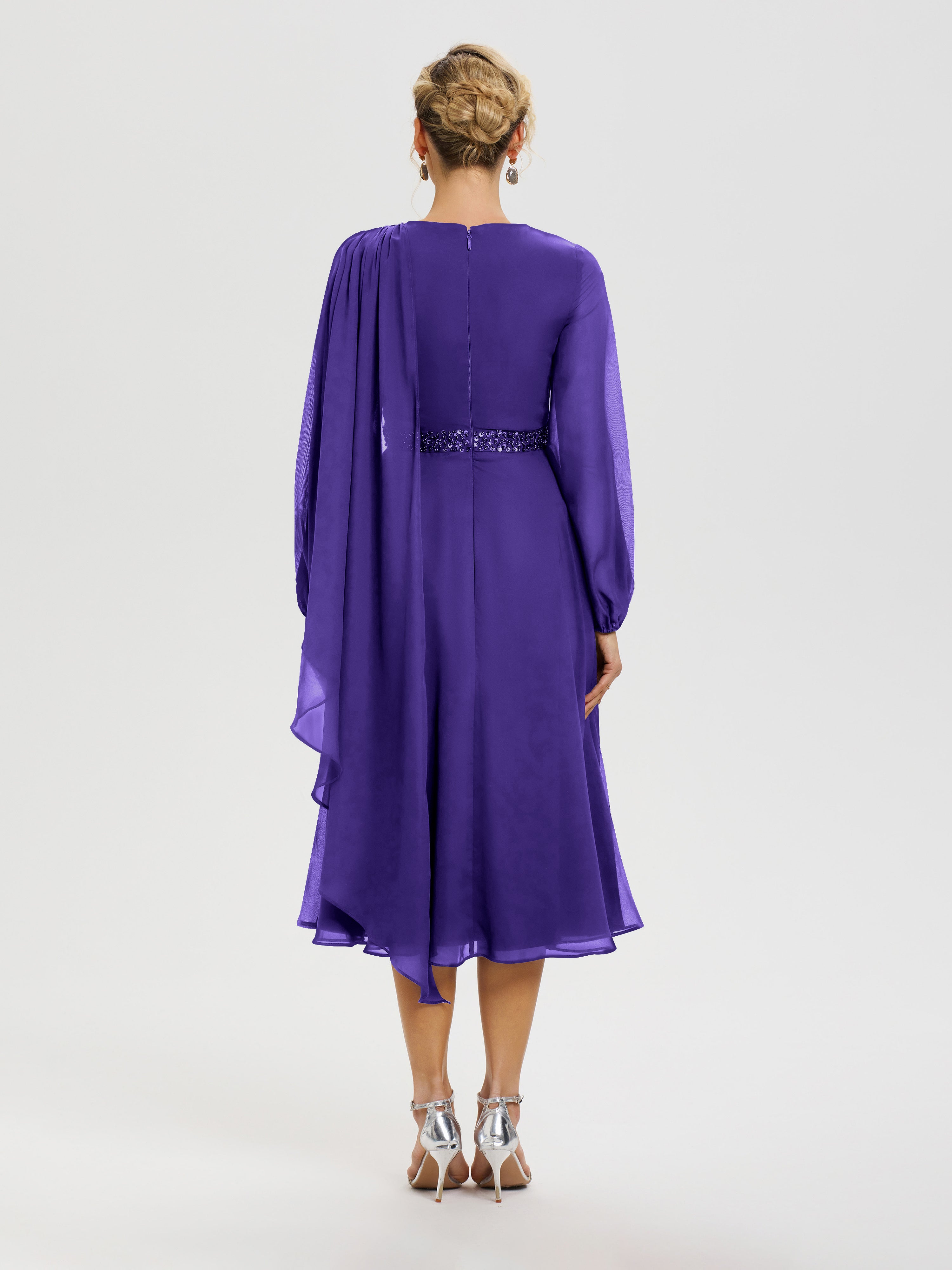 Robe De Cérémonie Mère De La Mariée Régence Col Rond Manches Longues Mousseline Robe De Mère Du Marié