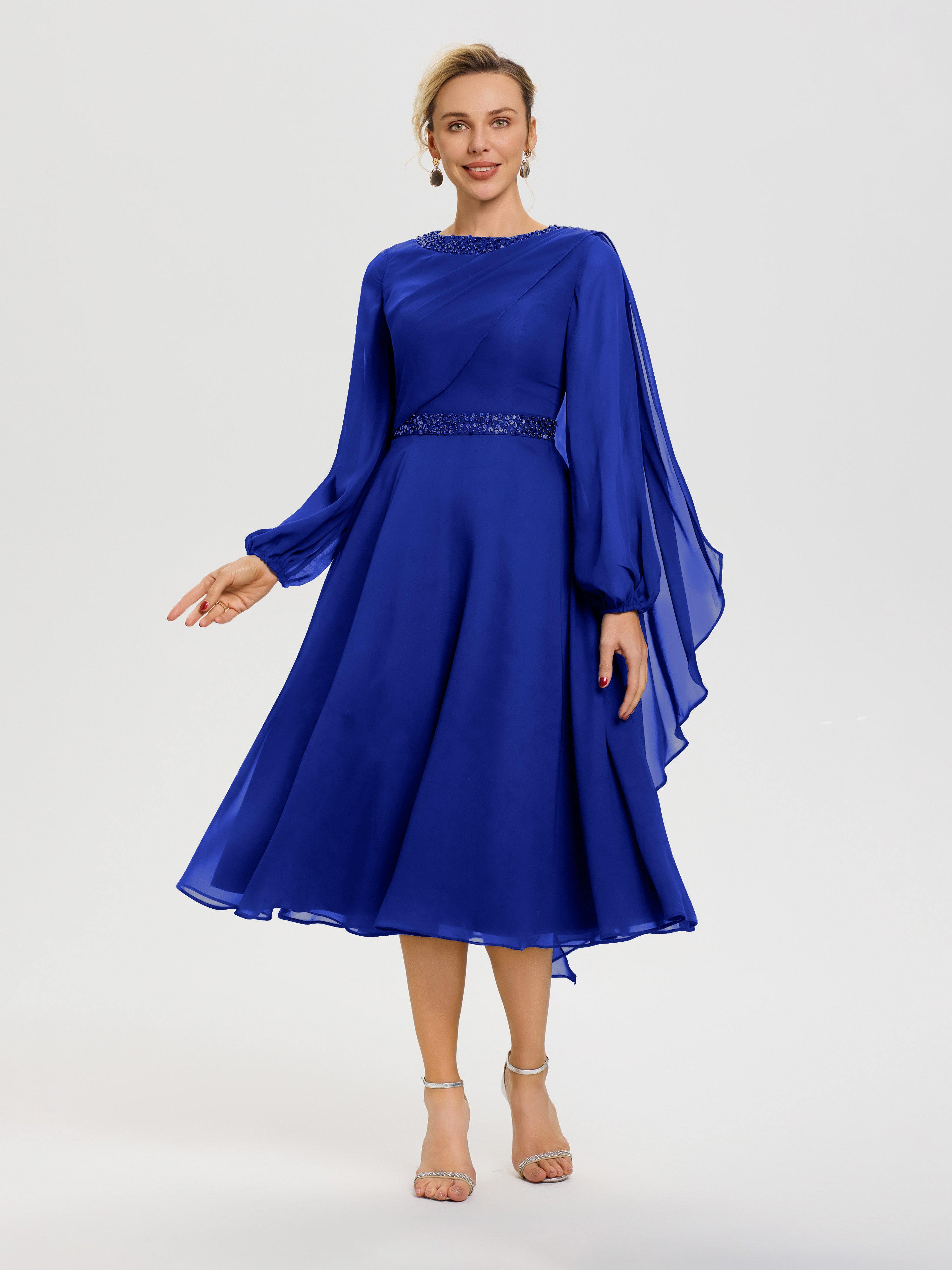Cicinia Robe Mère De La Mariée Bleu Royale Col Rond Manches Longues Mousseline Robe De Mère Du Marié