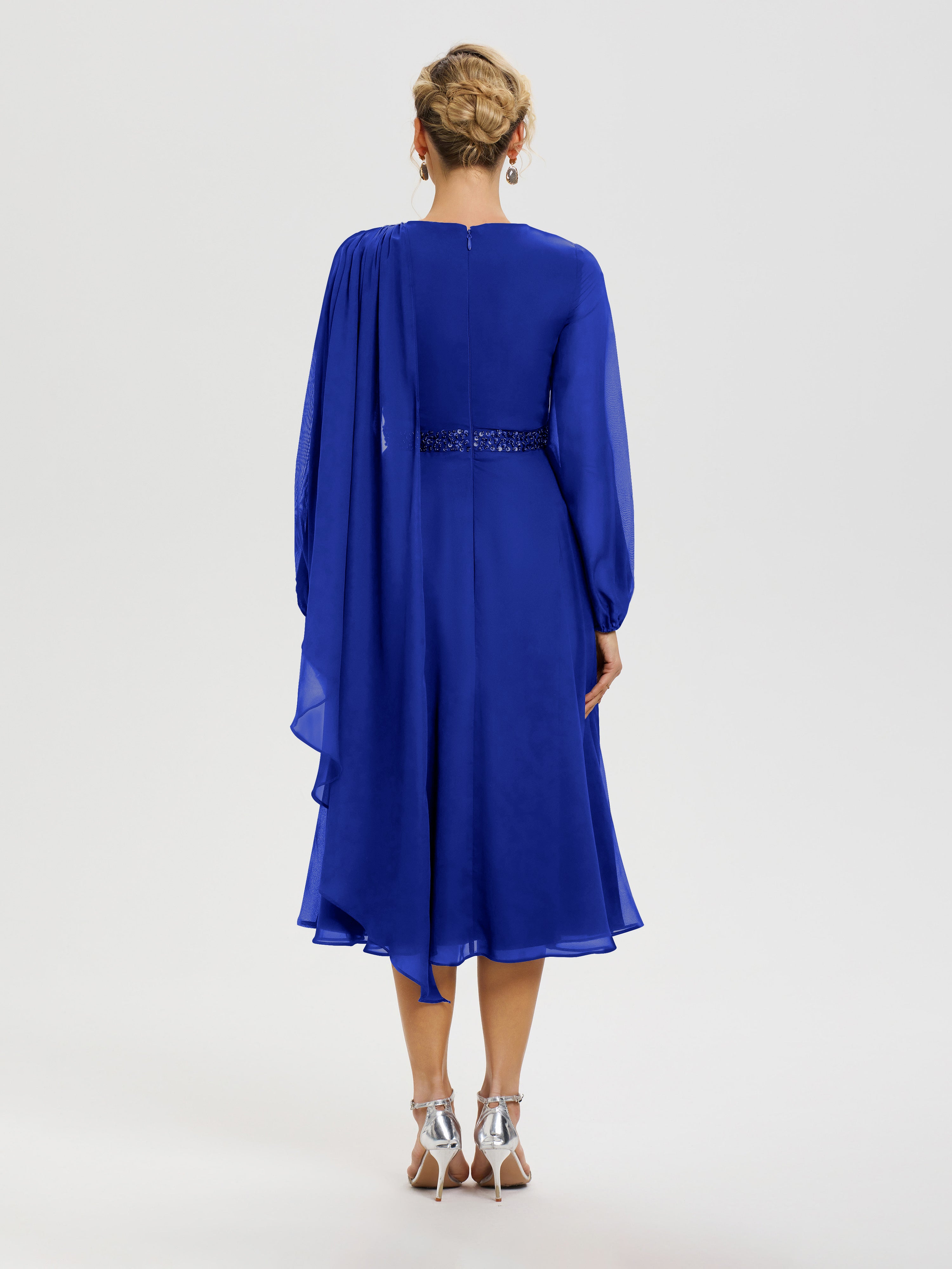 Cicinia Robe Mère De La Mariée Bleu Royale Col Rond Manches Longues Mousseline Robe De Mère Du Marié