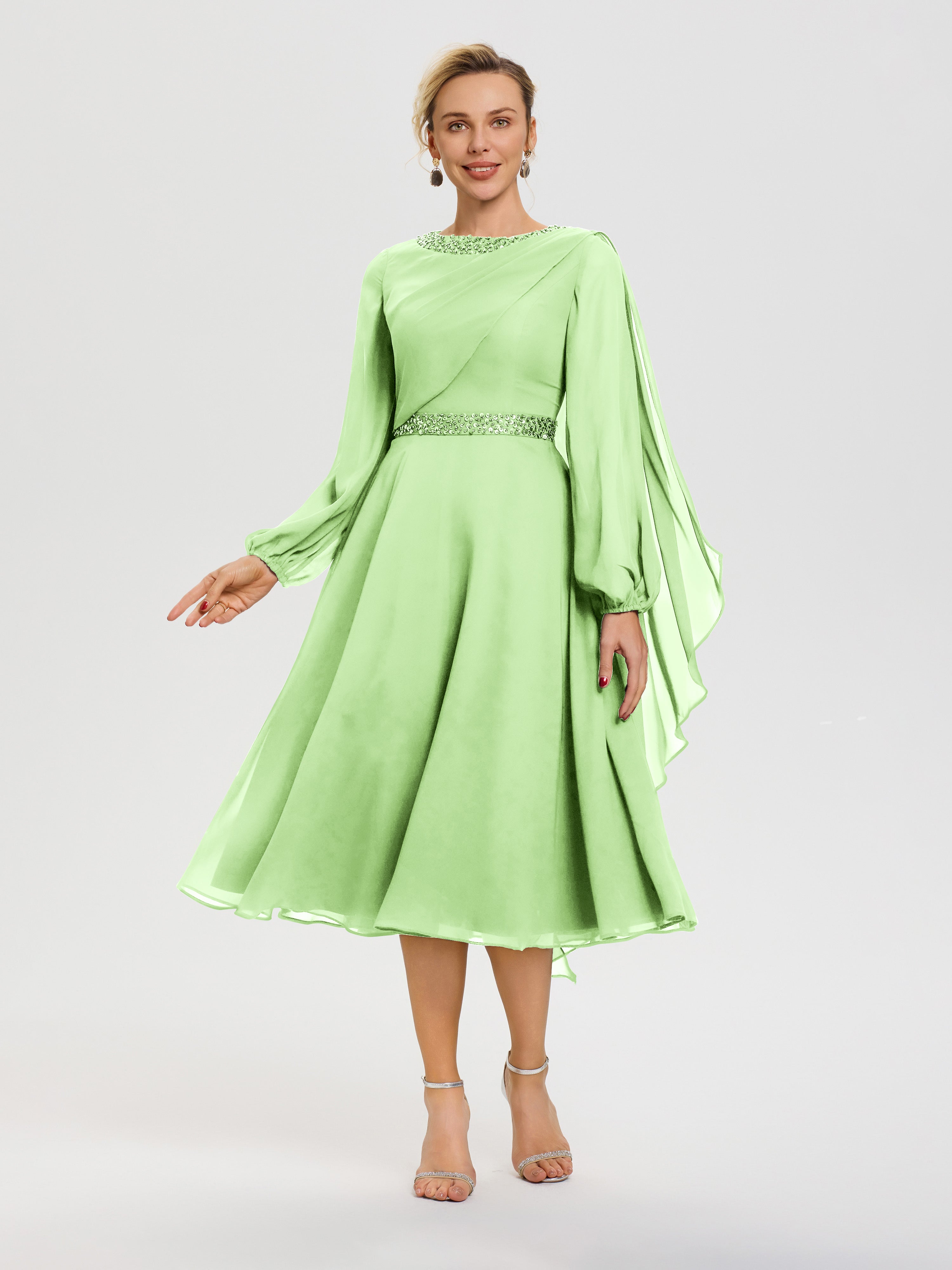 Robe Mère De La Mariée Vert Sauge Col Rond Manches Longues Mousseline Robe De Mère Du Marié