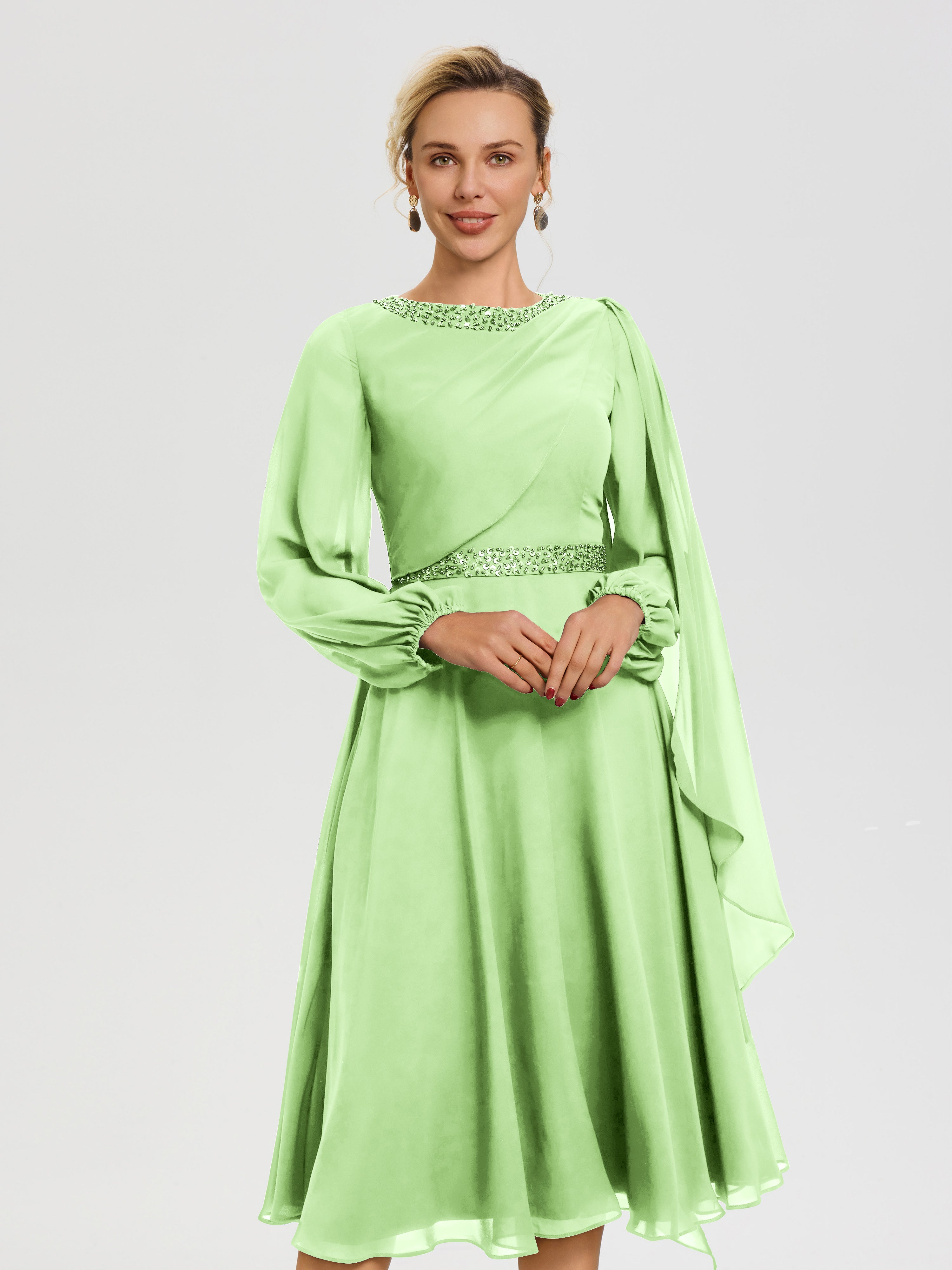 Robe Mère De La Mariée Vert Sauge Col Rond Manches Longues Mousseline Robe De Mère Du Marié
