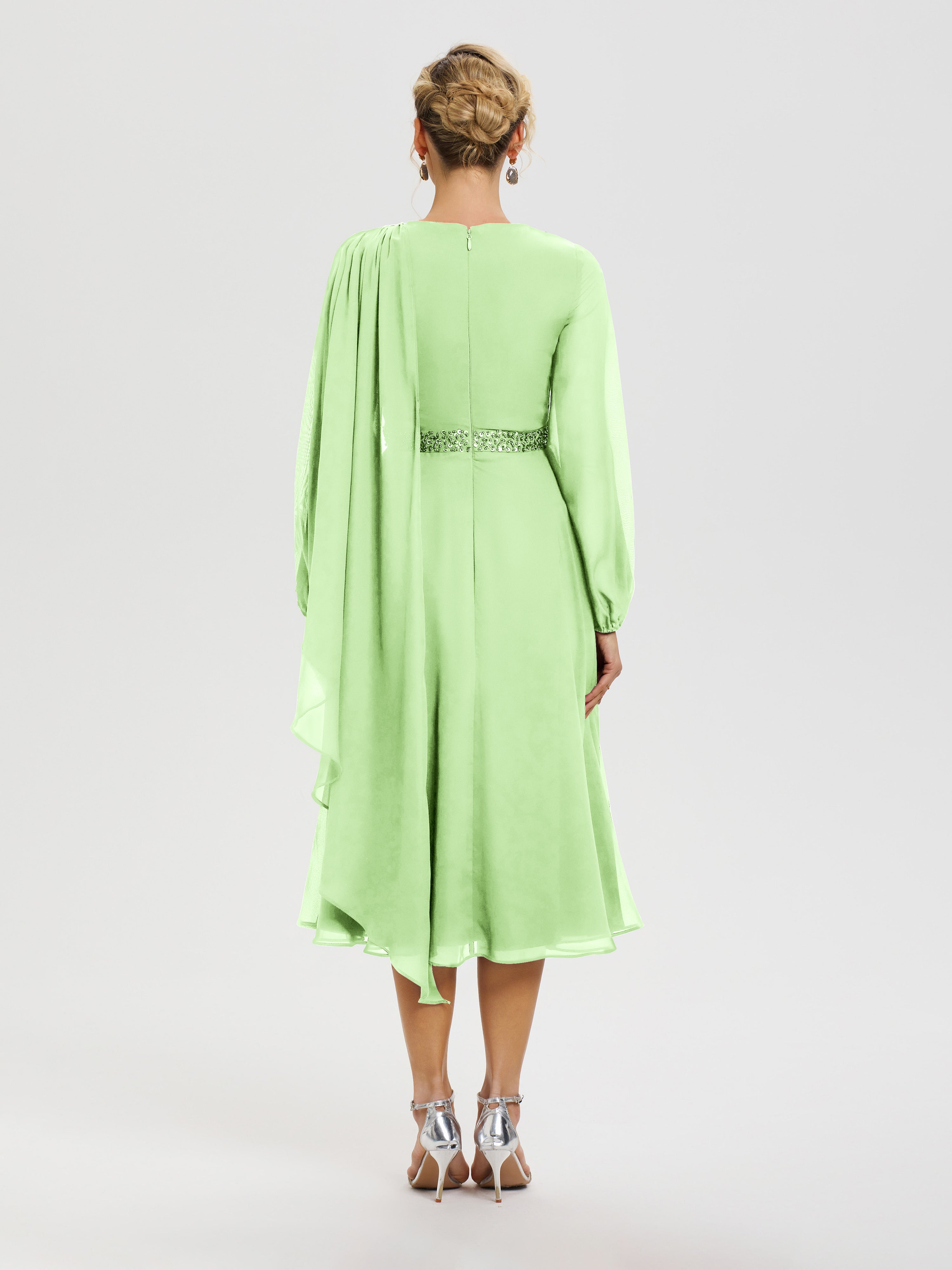 Robe Mère De La Mariée Vert Sauge Col Rond Manches Longues Mousseline Robe De Mère Du Marié