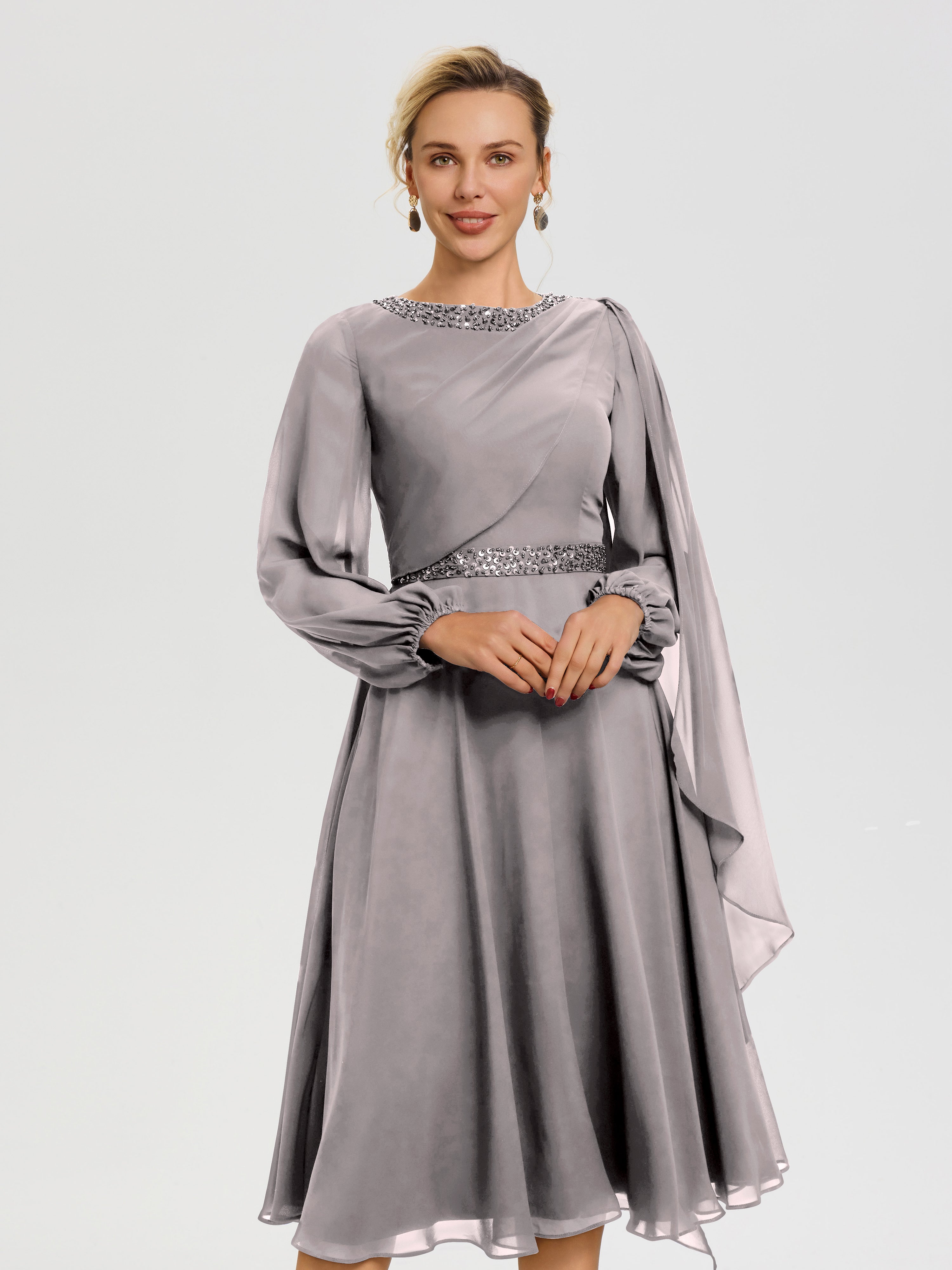 Cicinia Robe Mère De La Mariée Argent Col Rond Manches Longues Mousseline Robe De Mère Du Marié