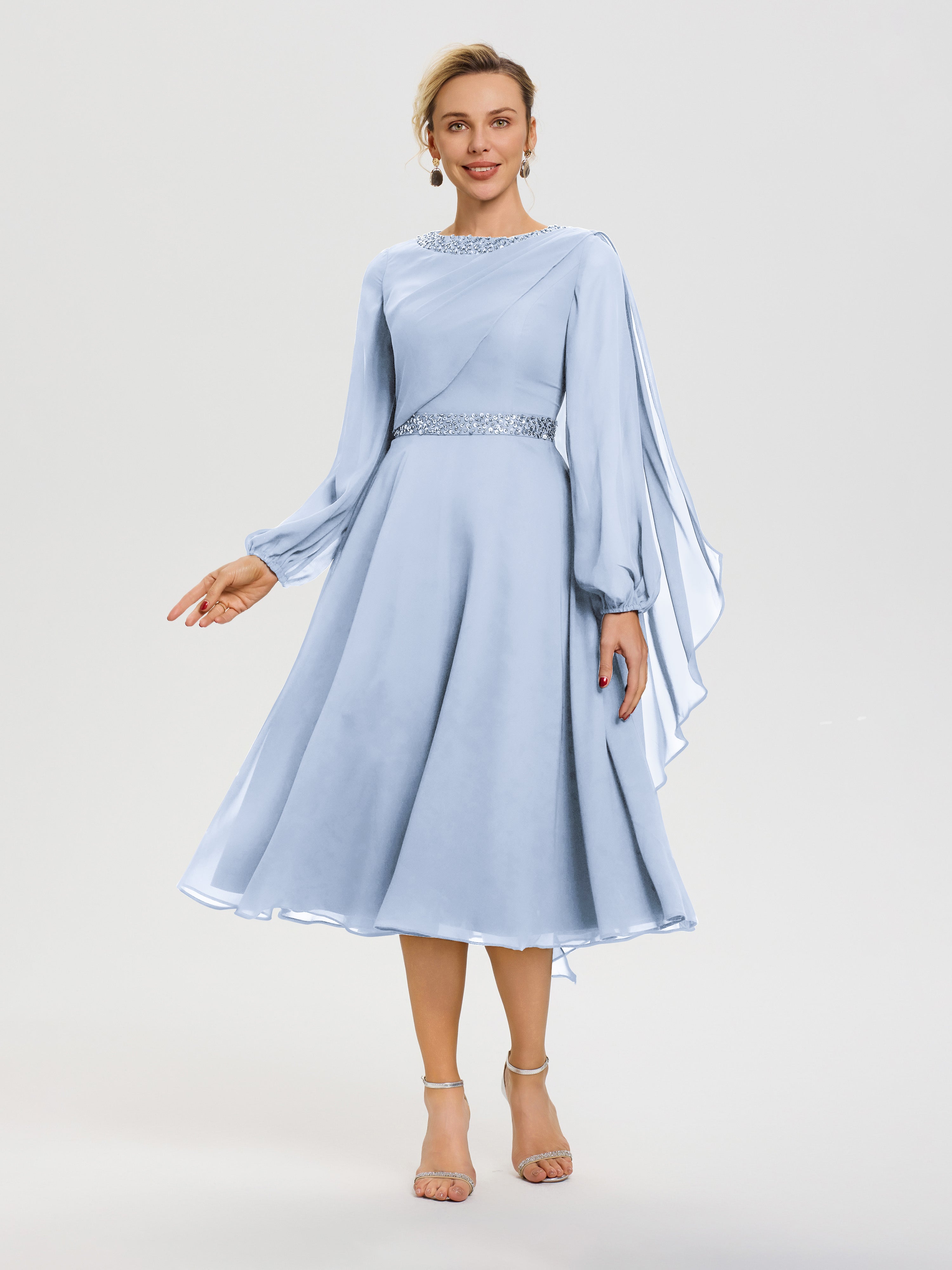 Cicinia Robe Mère De La Mariée Bleu Ciel Col Rond Manches Longues Mousseline Robe De Mère Du Marié