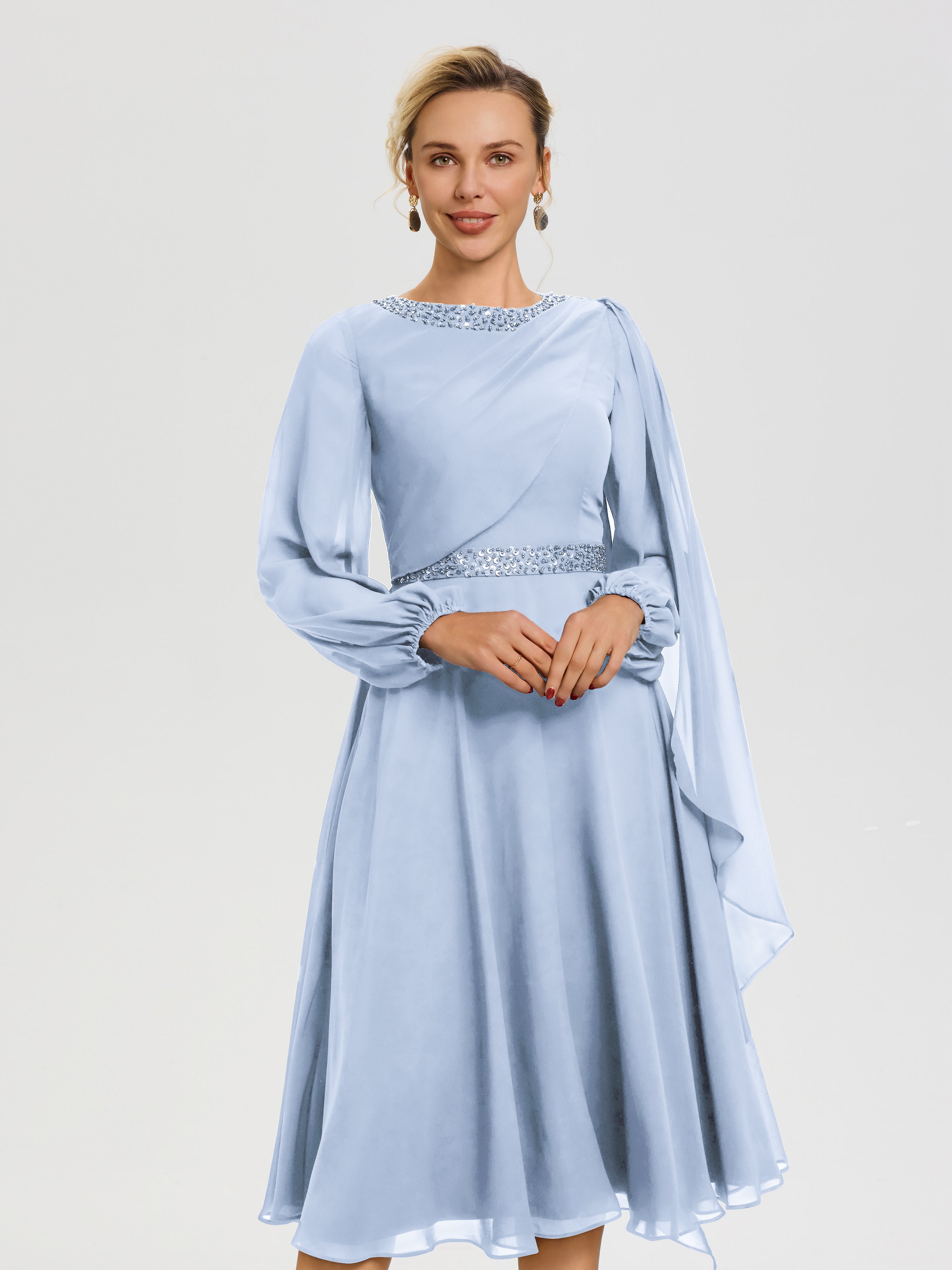 Cicinia Robe Mère De La Mariée Bleu Ciel Col Rond Manches Longues Mousseline Robe De Mère Du Marié