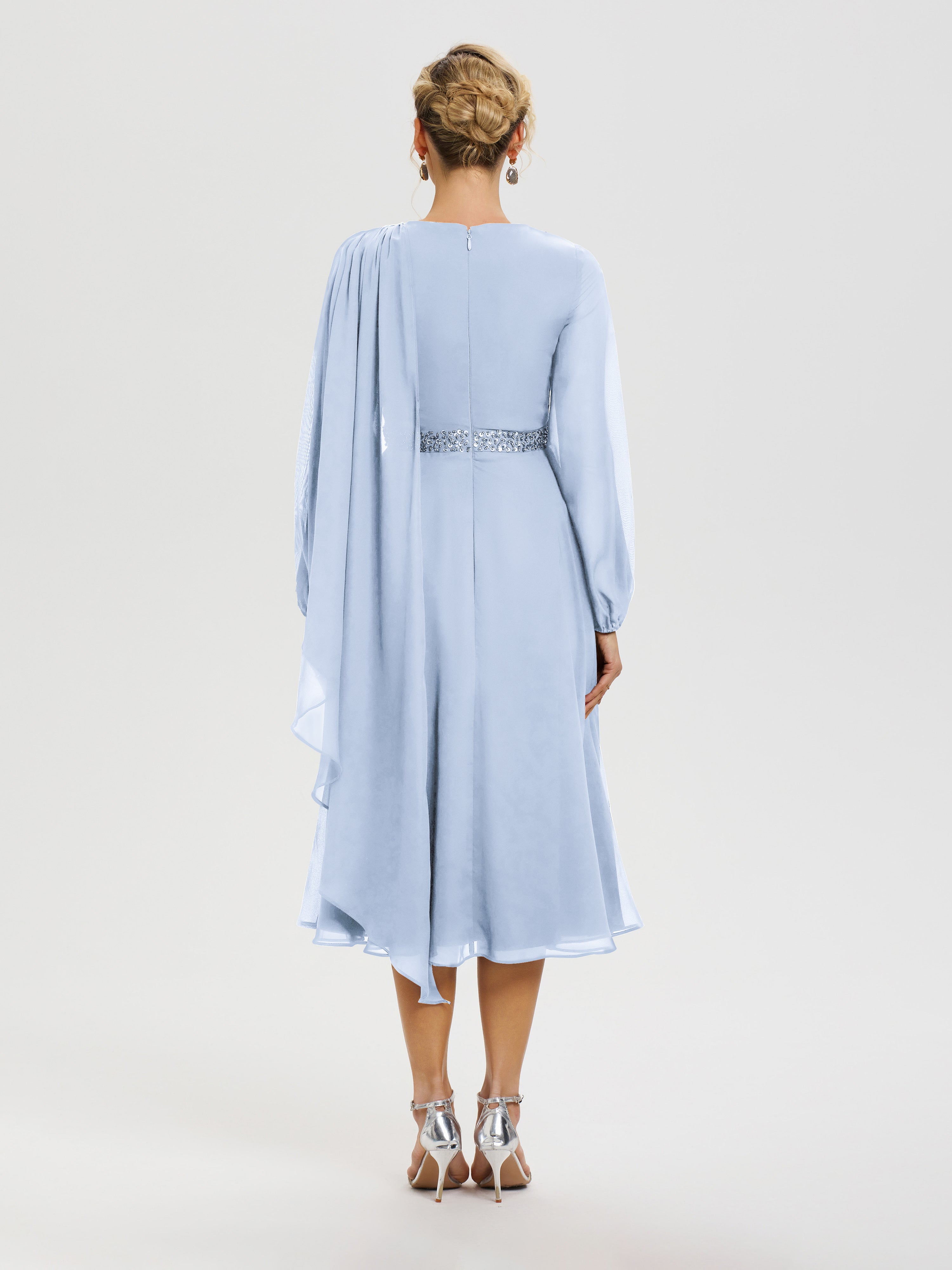 Cicinia Robe Mère De La Mariée Bleu Ciel Col Rond Manches Longues Mousseline Robe De Mère Du Marié