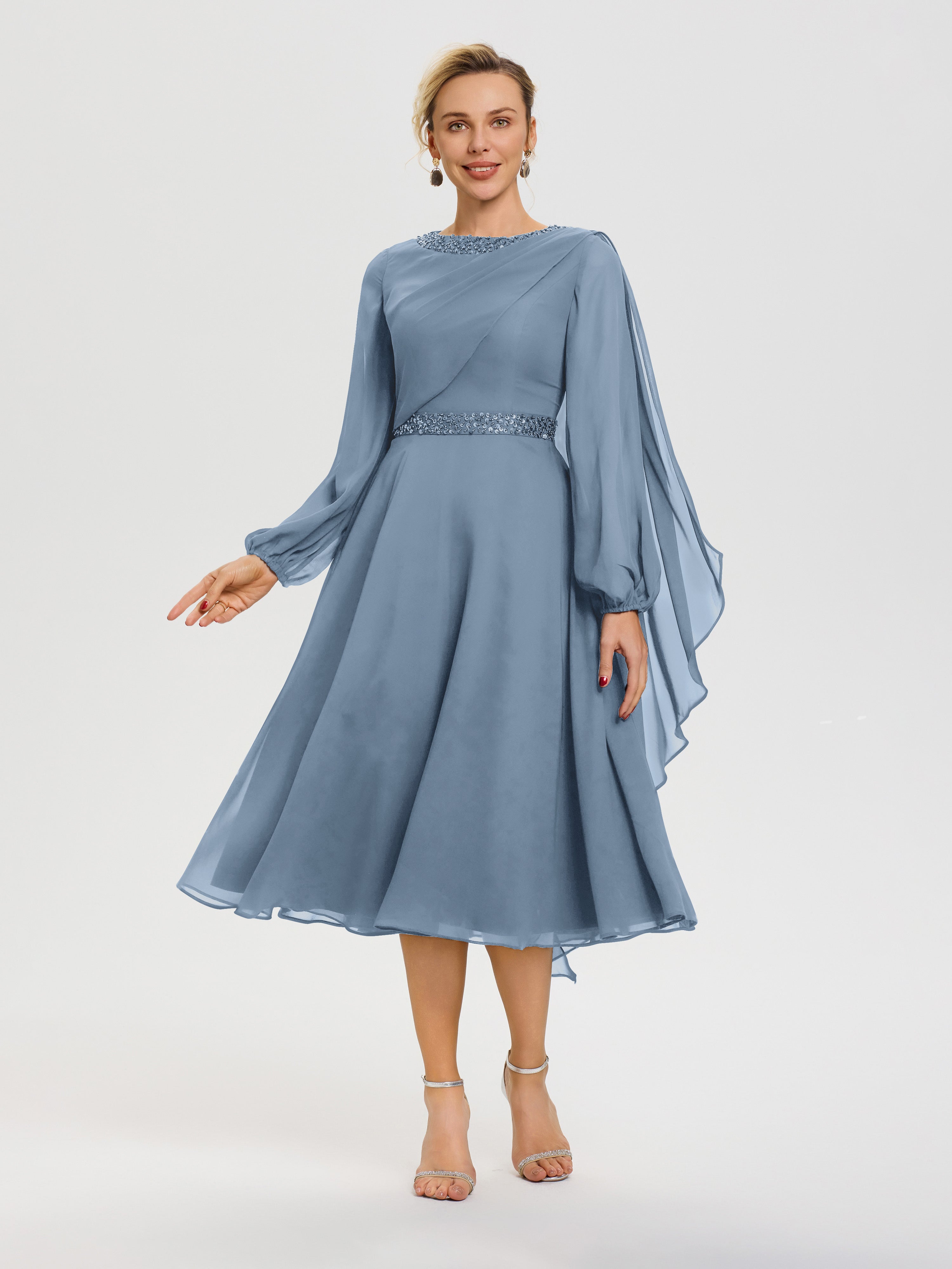 Tenue Mere Dela Mariee Bleu De Schiste Col Rond Manches Longues Mousseline Robe De Mère Du Marié
