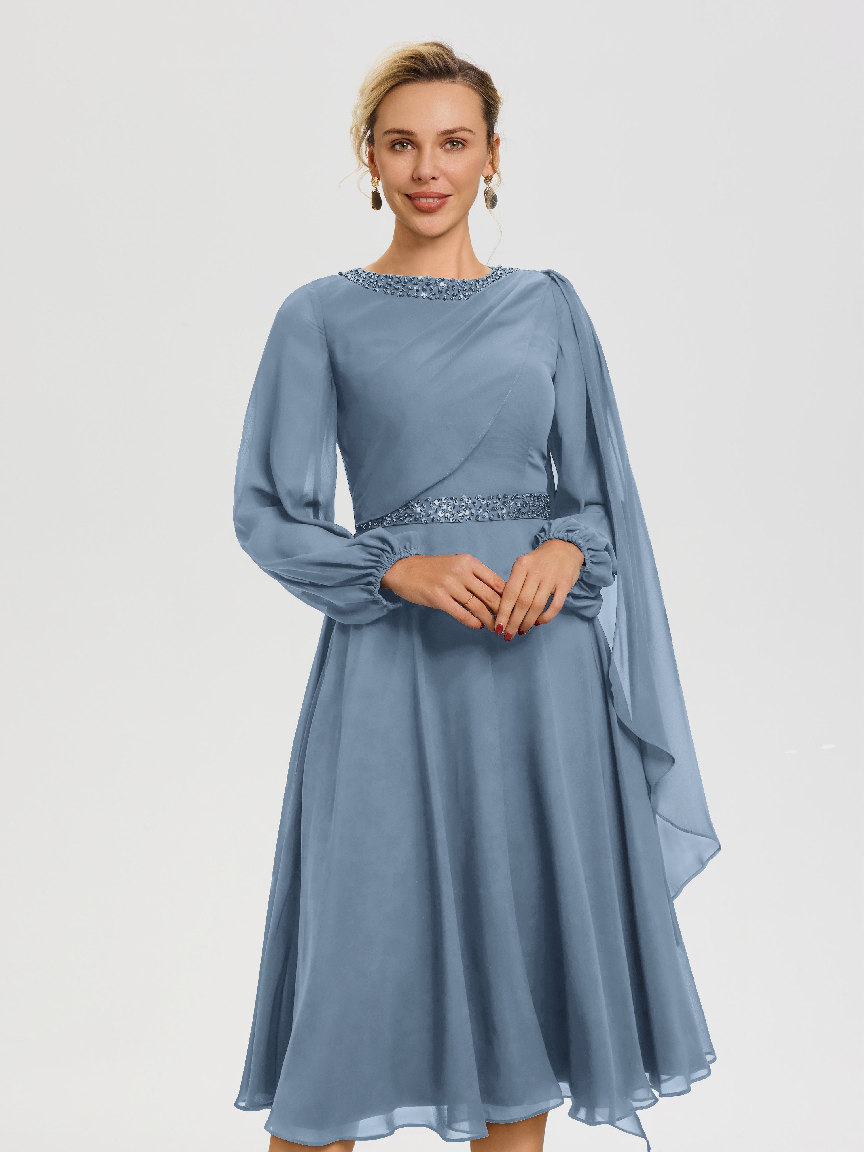 Tenue Mere Dela Mariee Bleu De Schiste Col Rond Manches Longues Mousseline Robe De Mère Du Marié