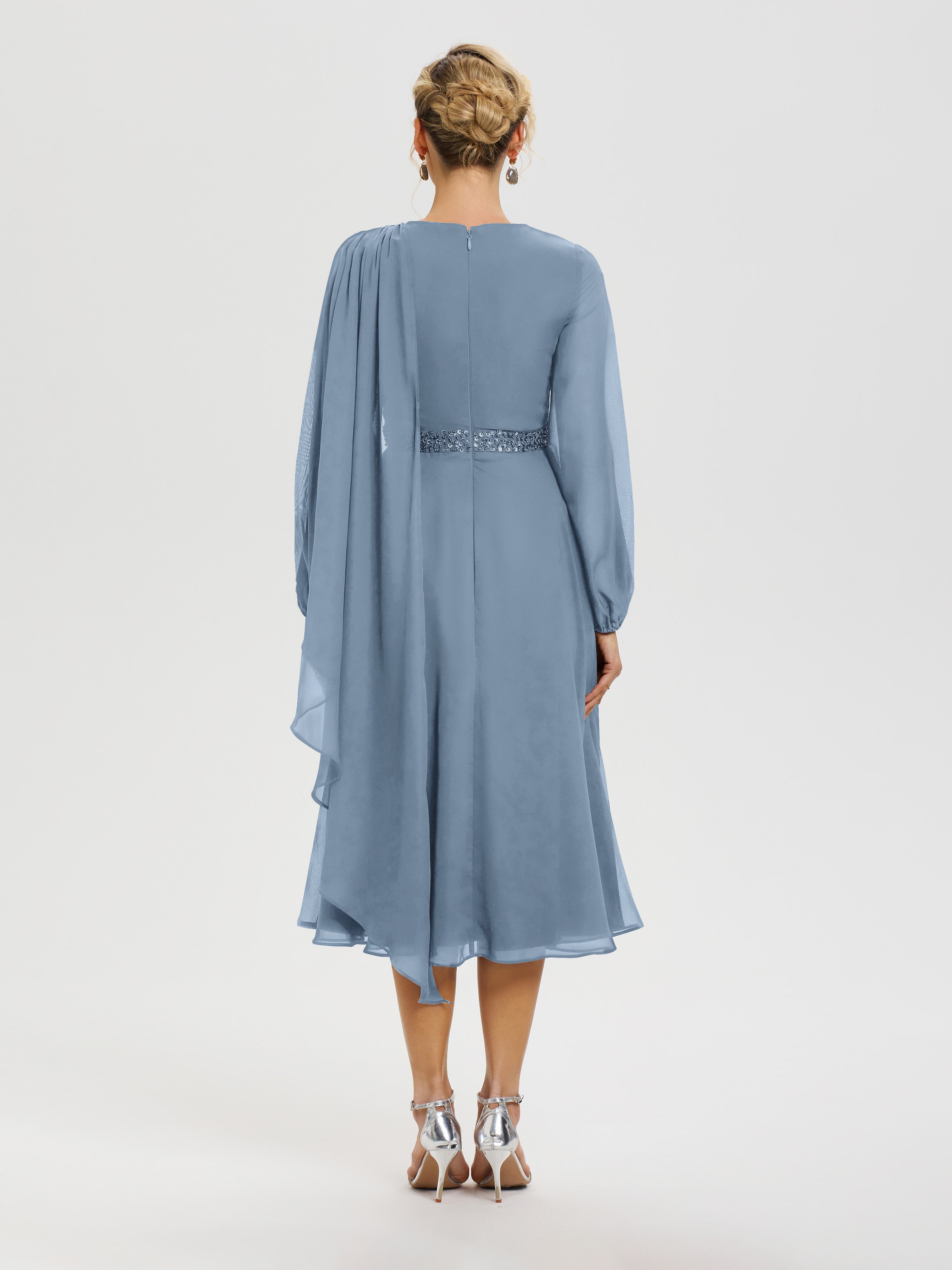 Tenue Mere Dela Mariee Bleu De Schiste Col Rond Manches Longues Mousseline Robe De Mère Du Marié