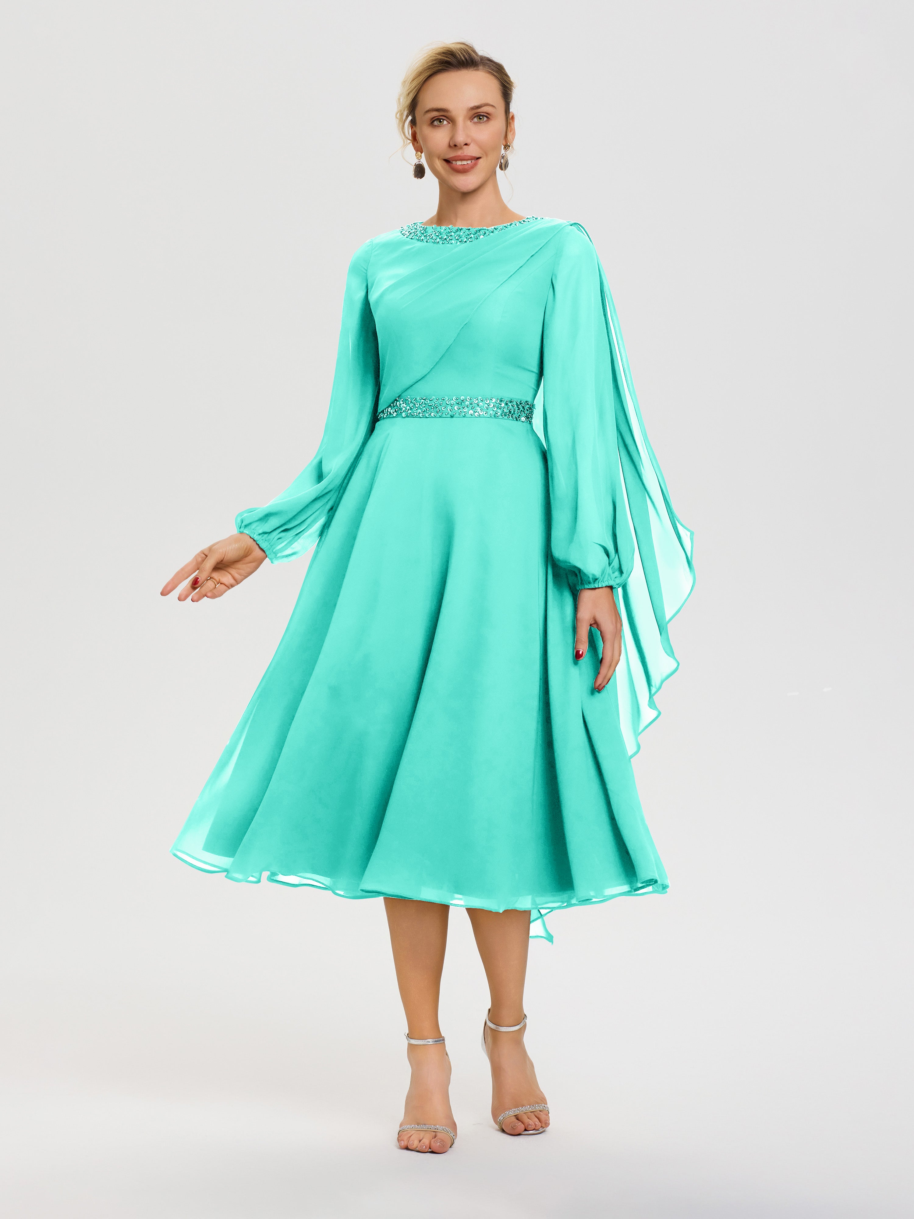 Robe Mère De La Mariée Chic Spa Col Rond Manches Longues Mousseline Robe De Mère Du Marié