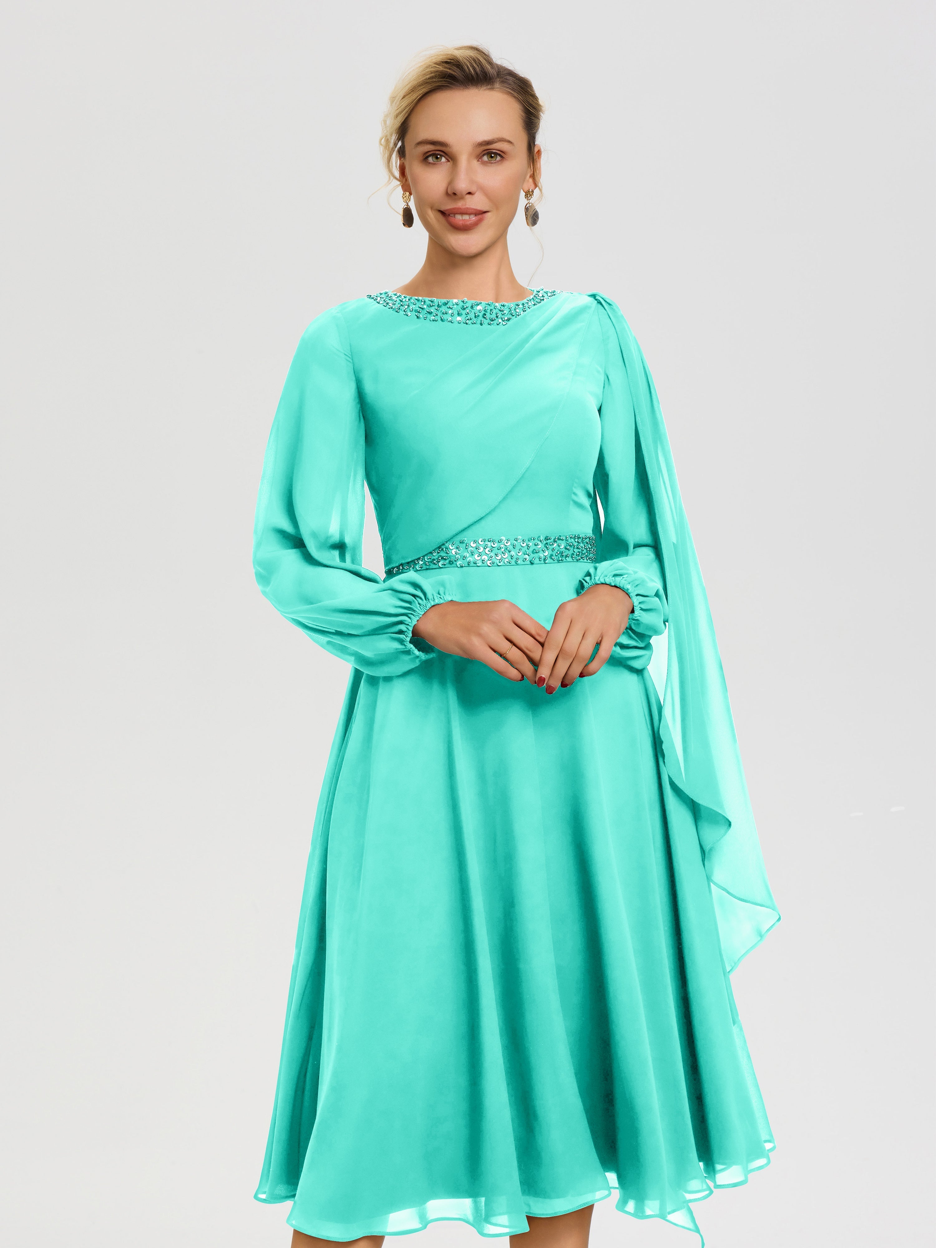 Robe Mère De La Mariée Chic Spa Col Rond Manches Longues Mousseline Robe De Mère Du Marié