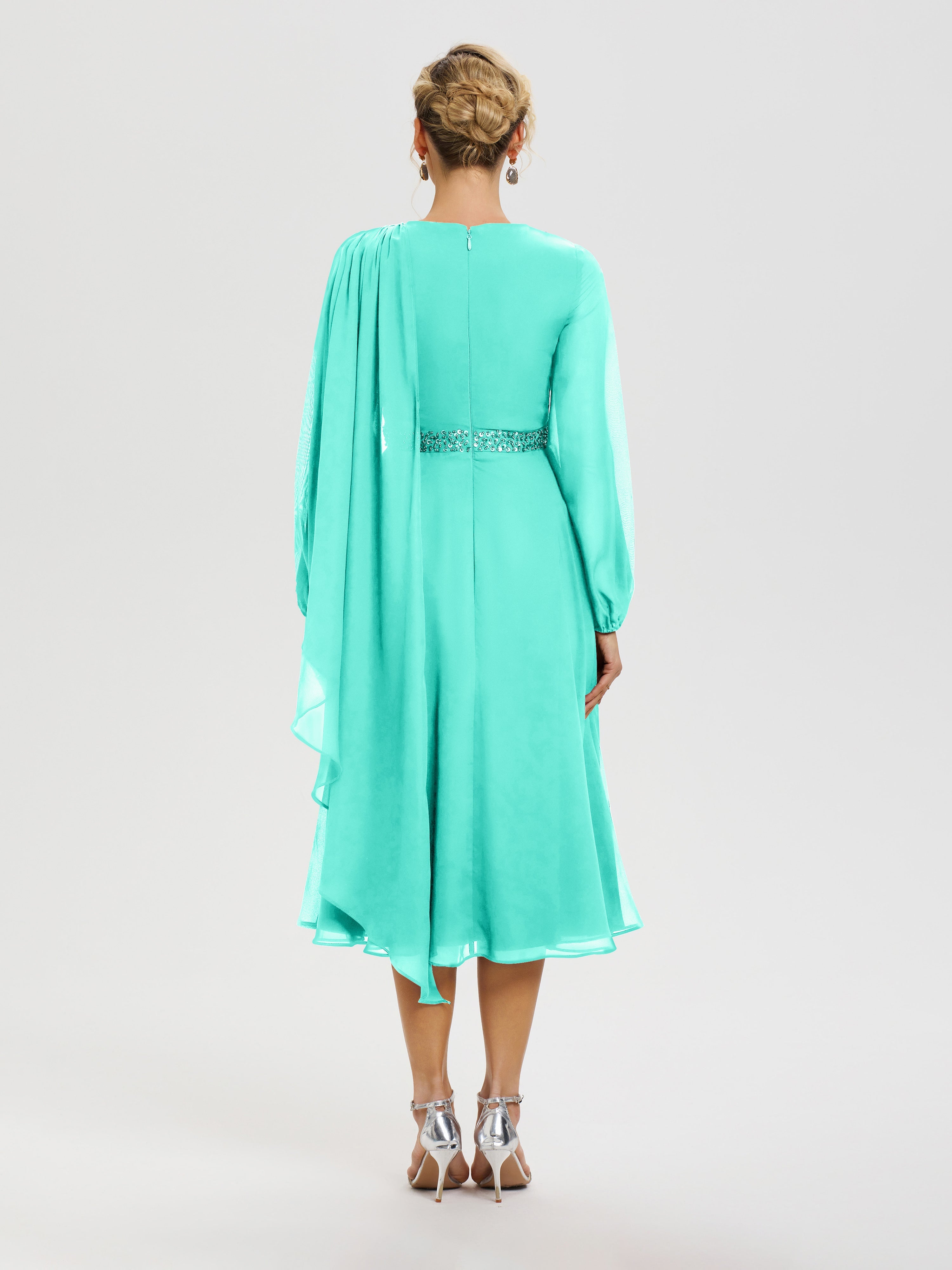 Robe Mère De La Mariée Chic Spa Col Rond Manches Longues Mousseline Robe De Mère Du Marié