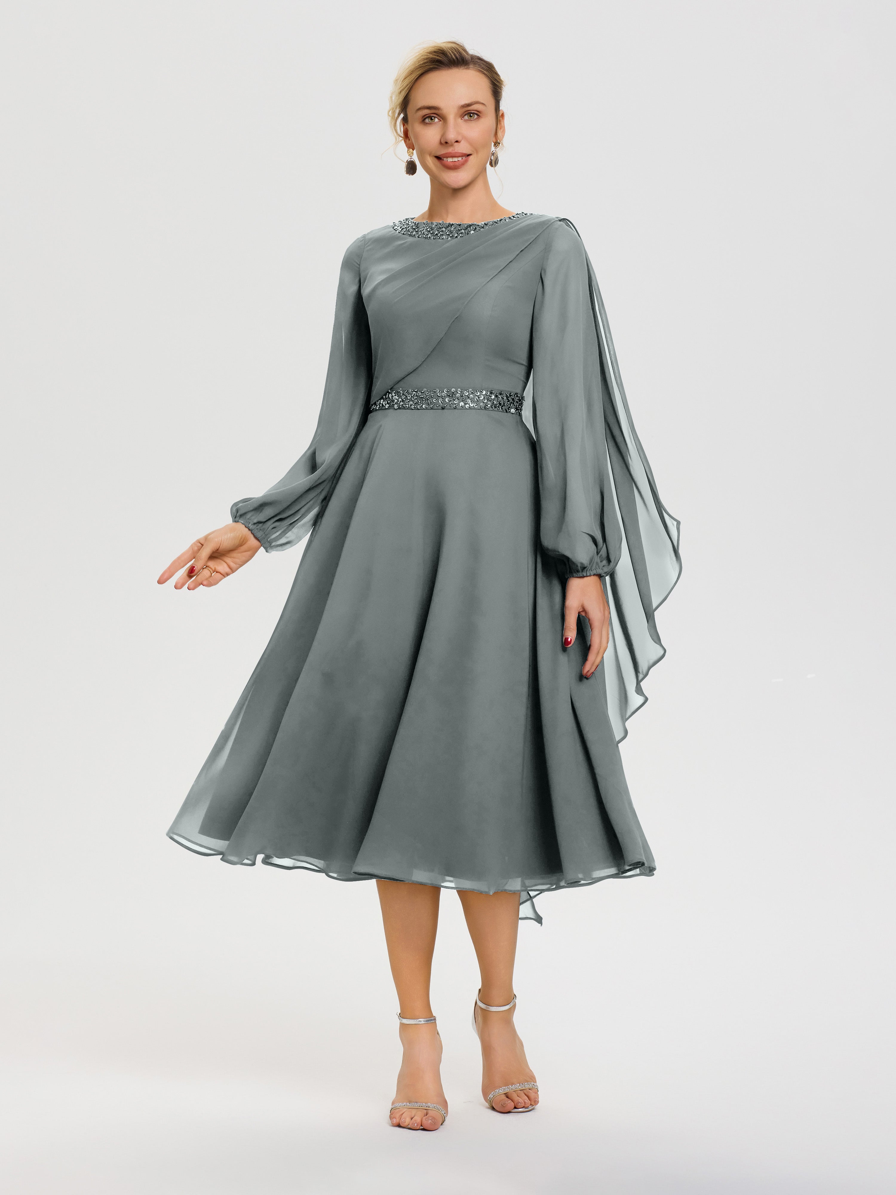 Robe De Mère Du Marié Gris Acier Col Rond Manches Longues Mousseline Robe De Mère Du Marié