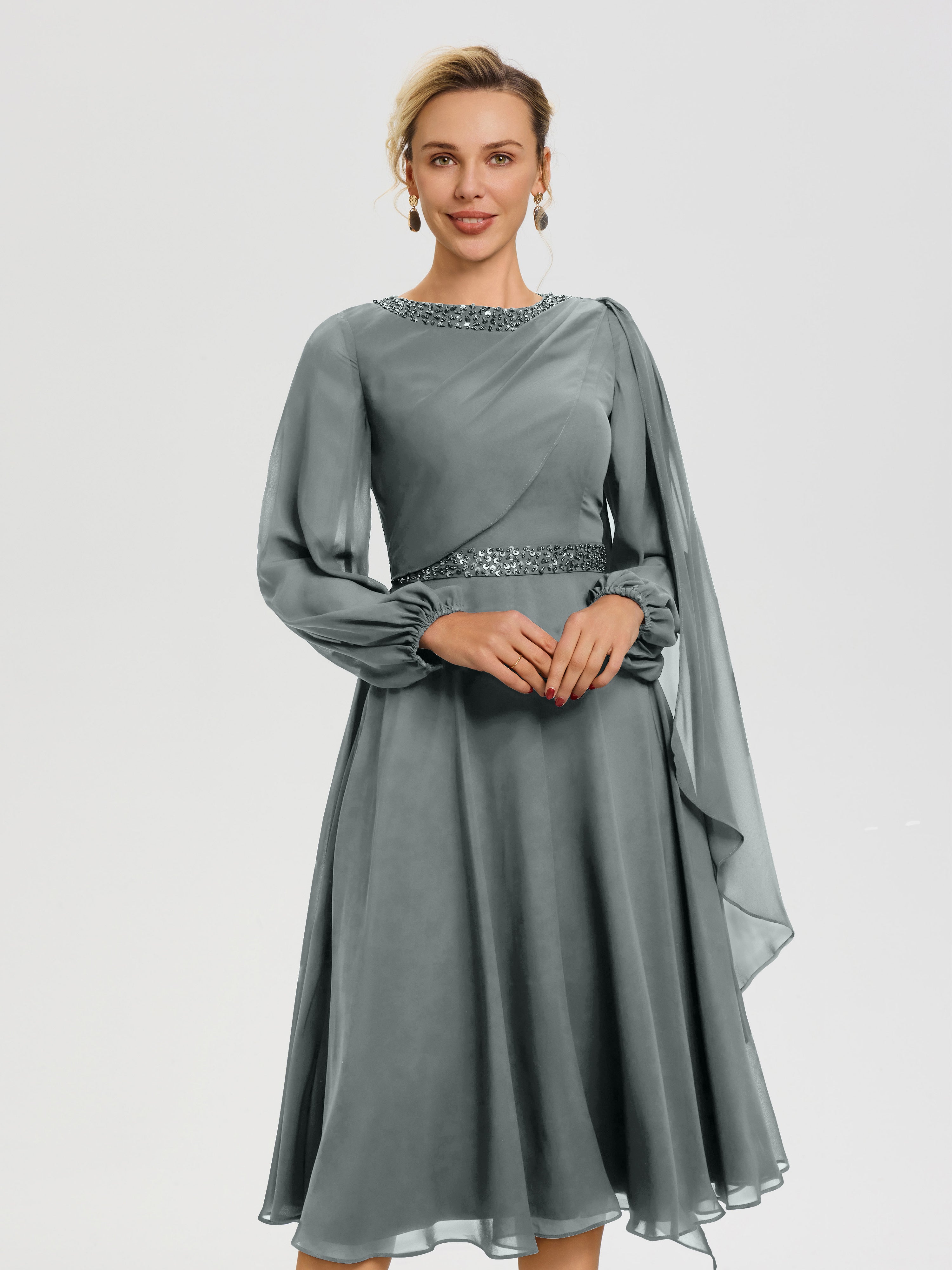 Robe De Mère Du Marié Gris Acier Col Rond Manches Longues Mousseline Robe De Mère Du Marié