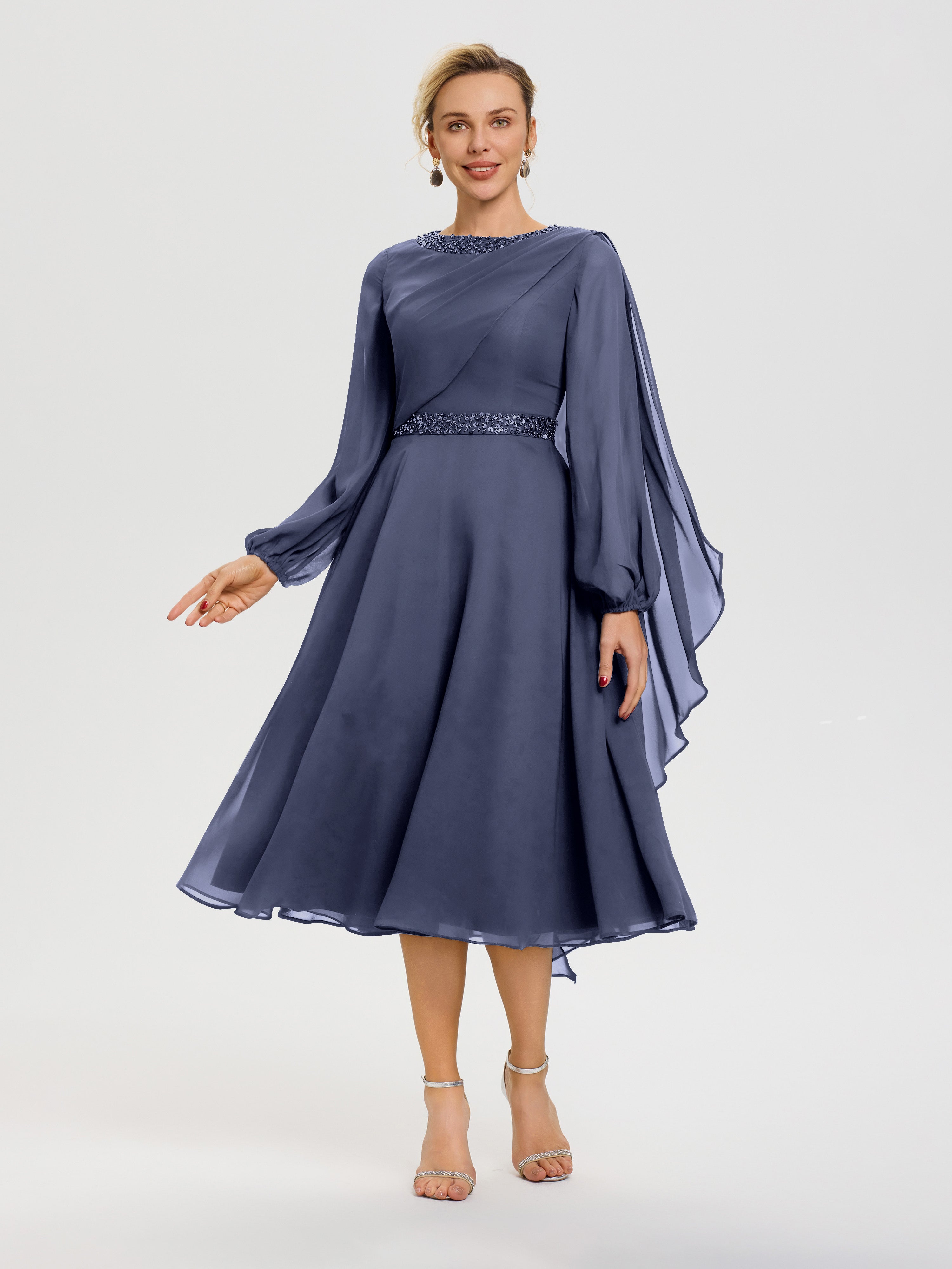 Robe De Mère Du Marié Orageux Col Rond Manches Longues Mousseline Robe De Mère Du Marié