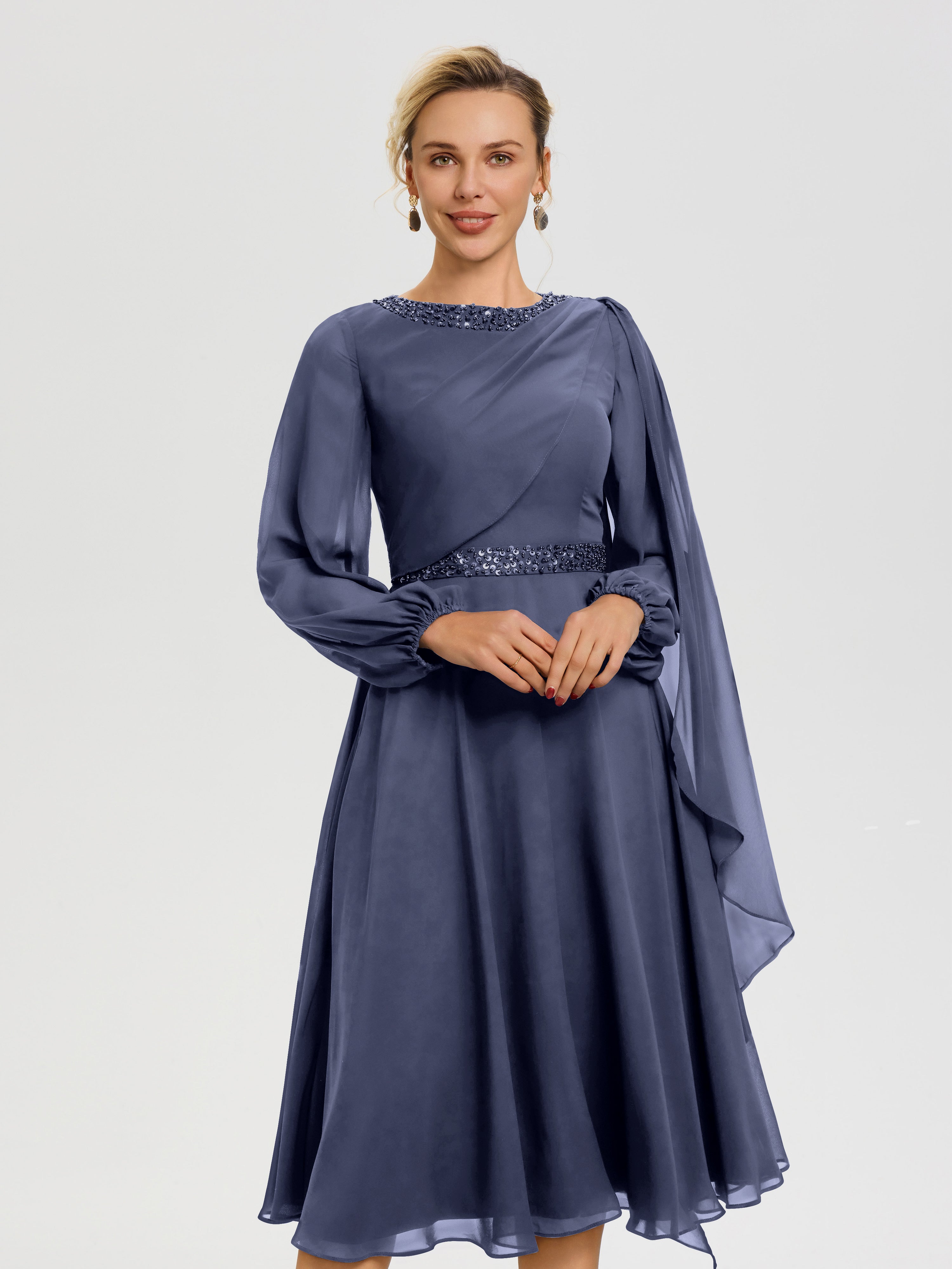 Robe De Mère Du Marié Orageux Col Rond Manches Longues Mousseline Robe De Mère Du Marié