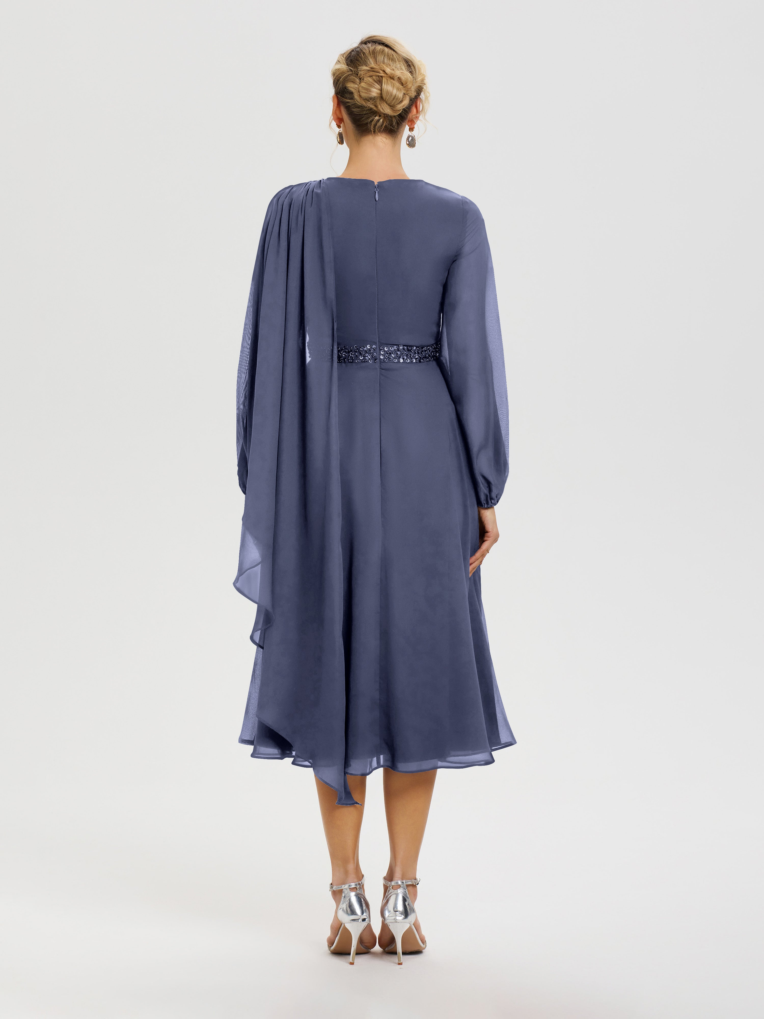 Robe De Mère Du Marié Orageux Col Rond Manches Longues Mousseline Robe De Mère Du Marié