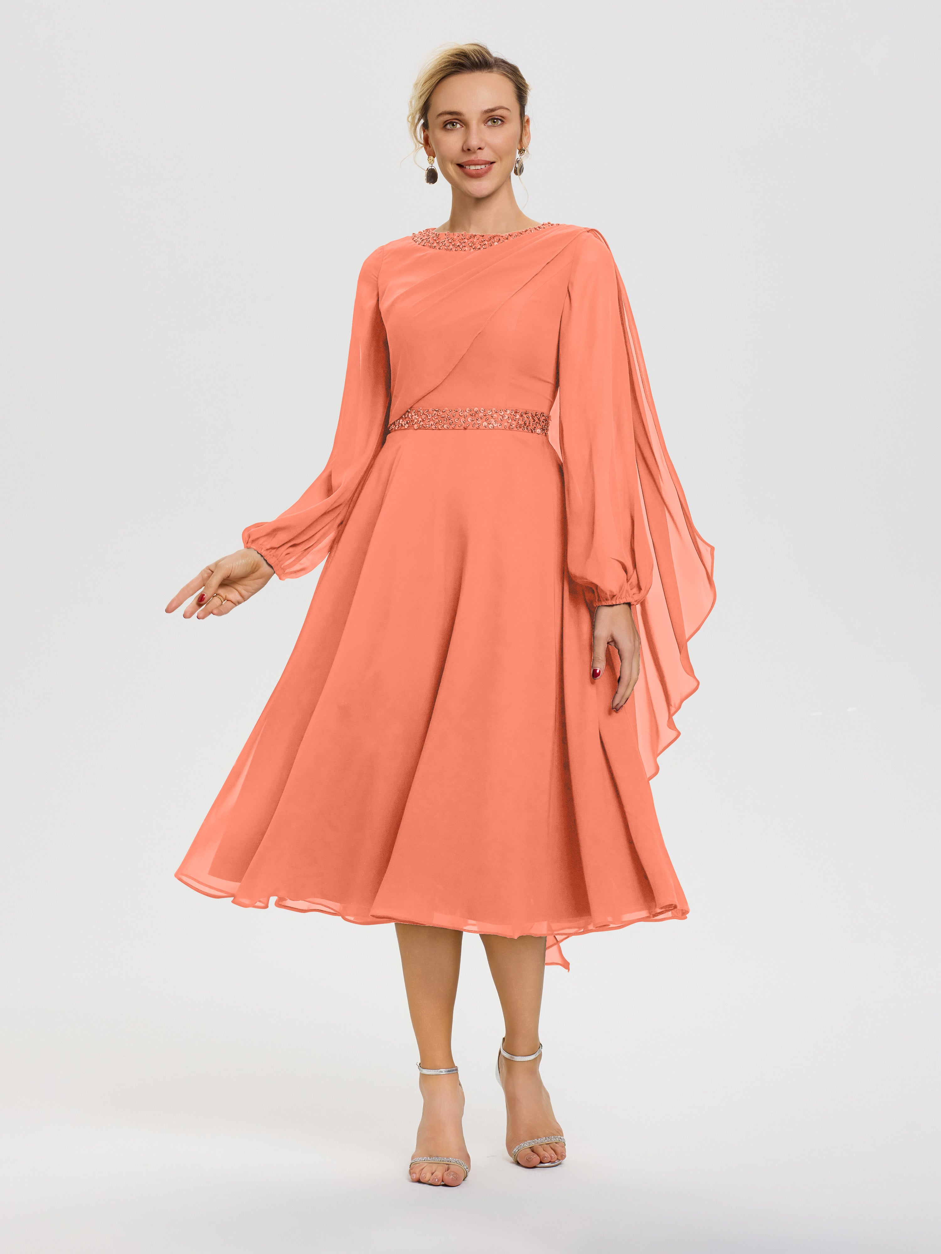 Robe De Mère Du Marié Coucher De Soleil Col Rond Manches Longues Mousseline Robe De Mère Du Marié