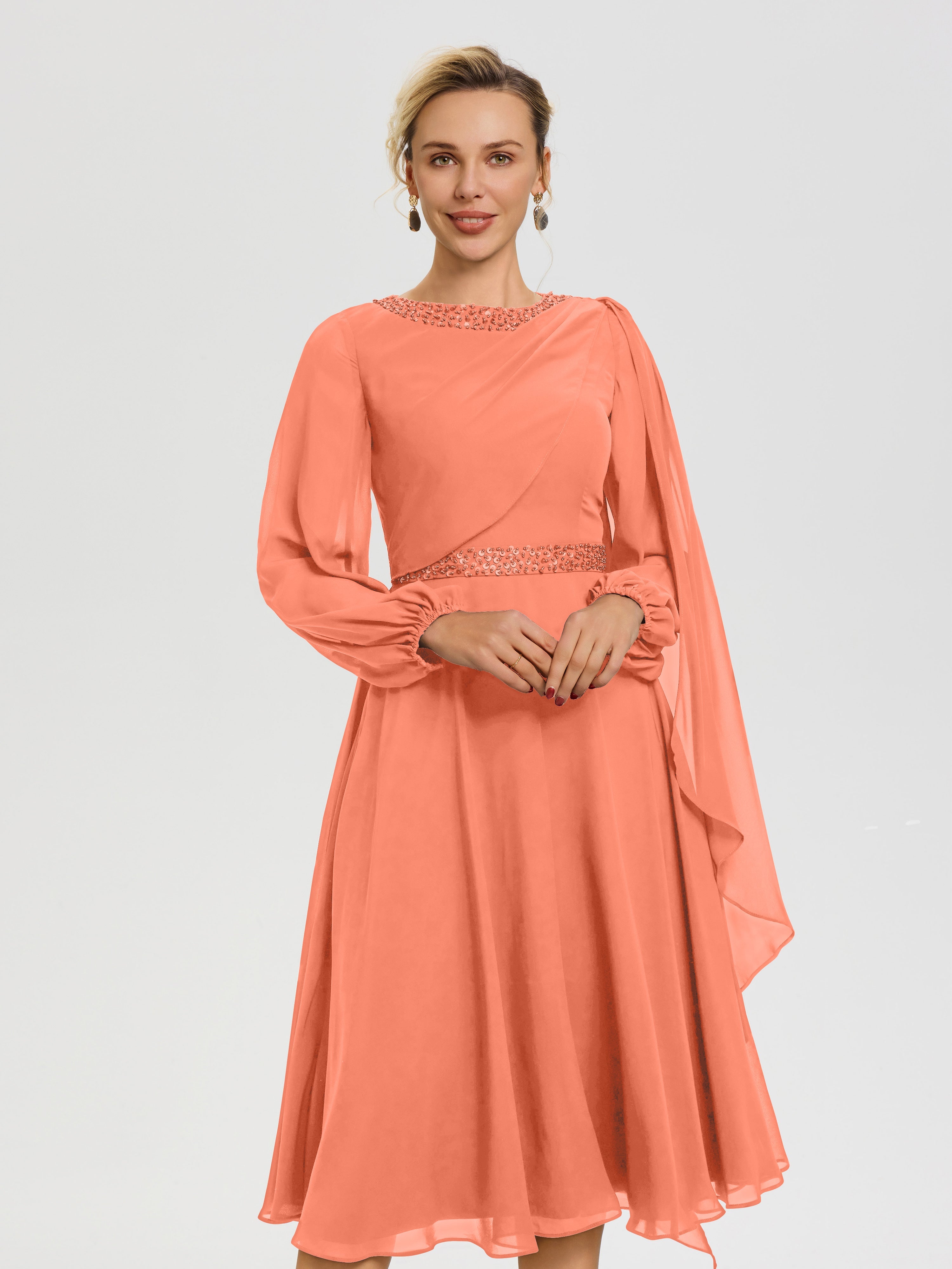 Robe De Mère Du Marié Coucher De Soleil Col Rond Manches Longues Mousseline Robe De Mère Du Marié