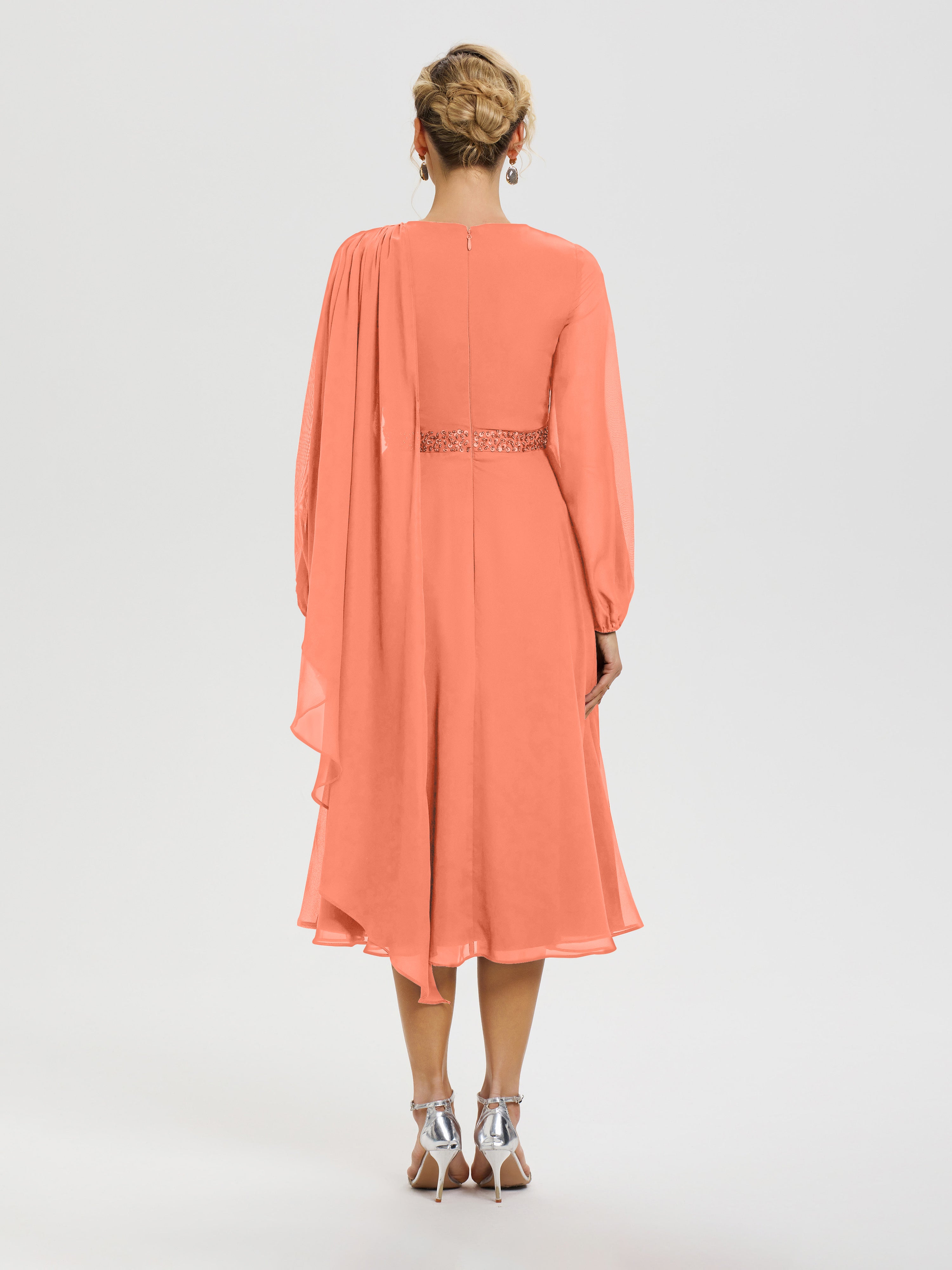 Robe De Mère Du Marié Coucher De Soleil Col Rond Manches Longues Mousseline Robe De Mère Du Marié