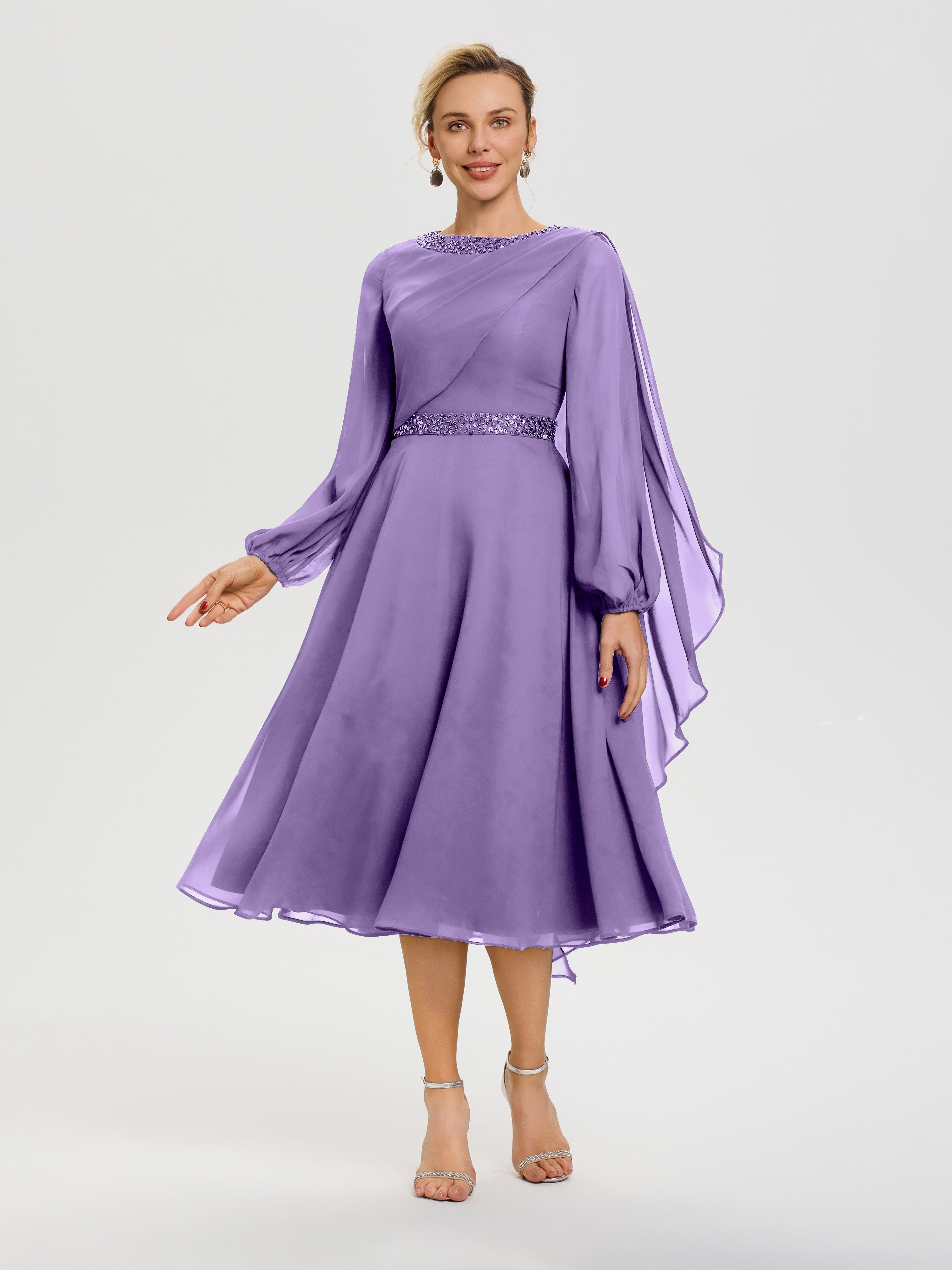 Robe De Mère De Mariée Moderne Tahiti Col Rond Manches Longues Mousseline Robe De Mère Du Marié