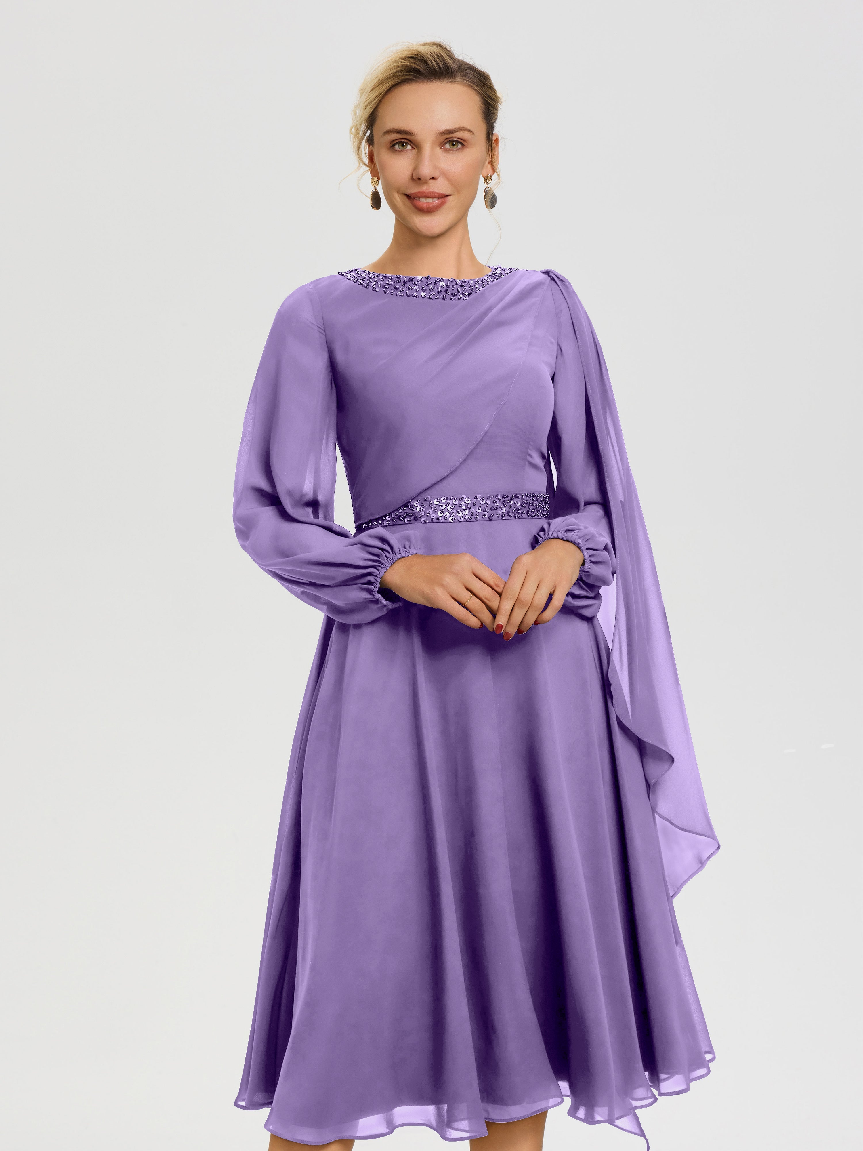 Robe De Mère De Mariée Moderne Tahiti Col Rond Manches Longues Mousseline Robe De Mère Du Marié