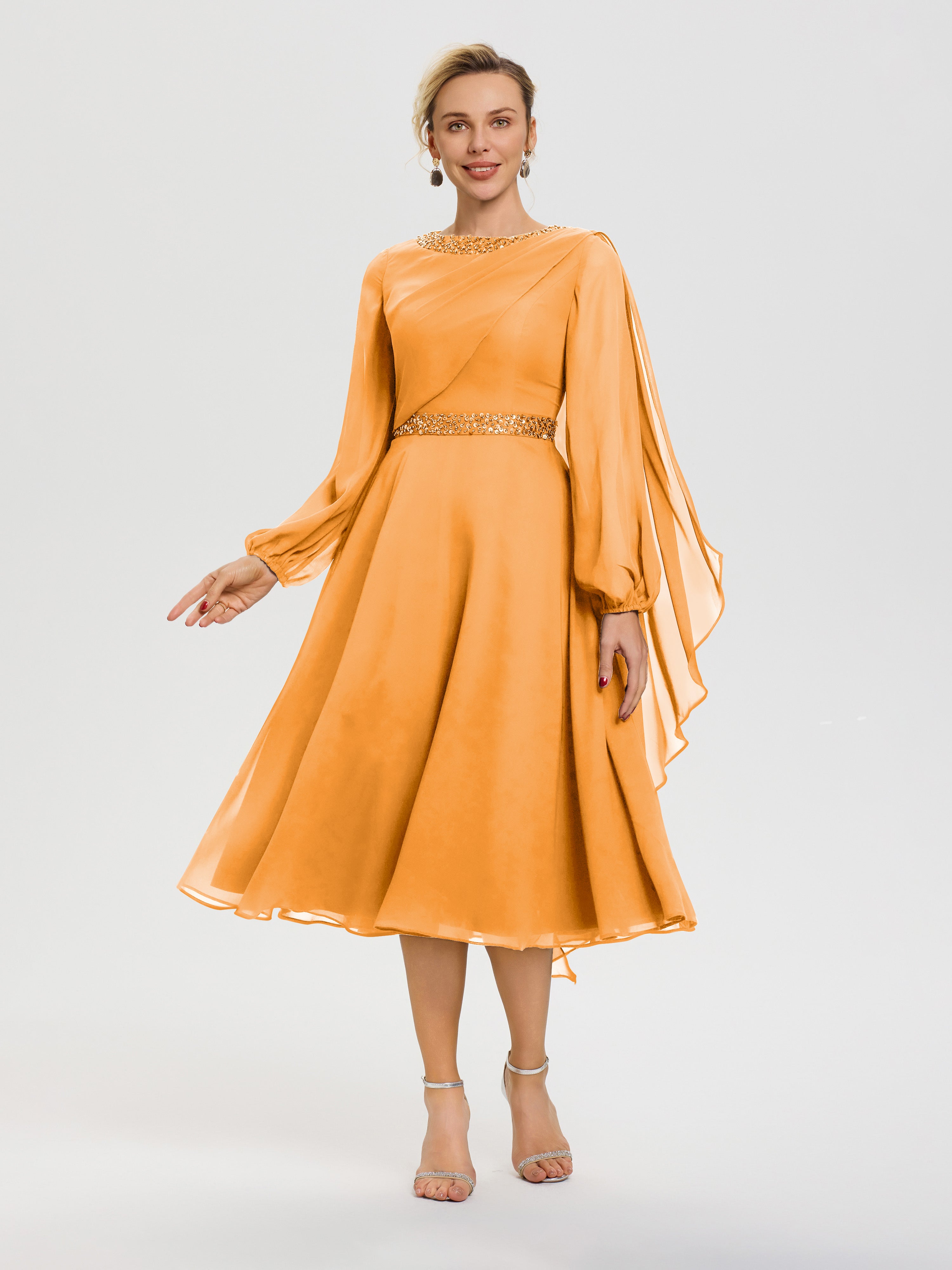 Robe De Mère Du Marié Mandarine Col Rond Manches Longues Mousseline Robe De Mère Du Marié