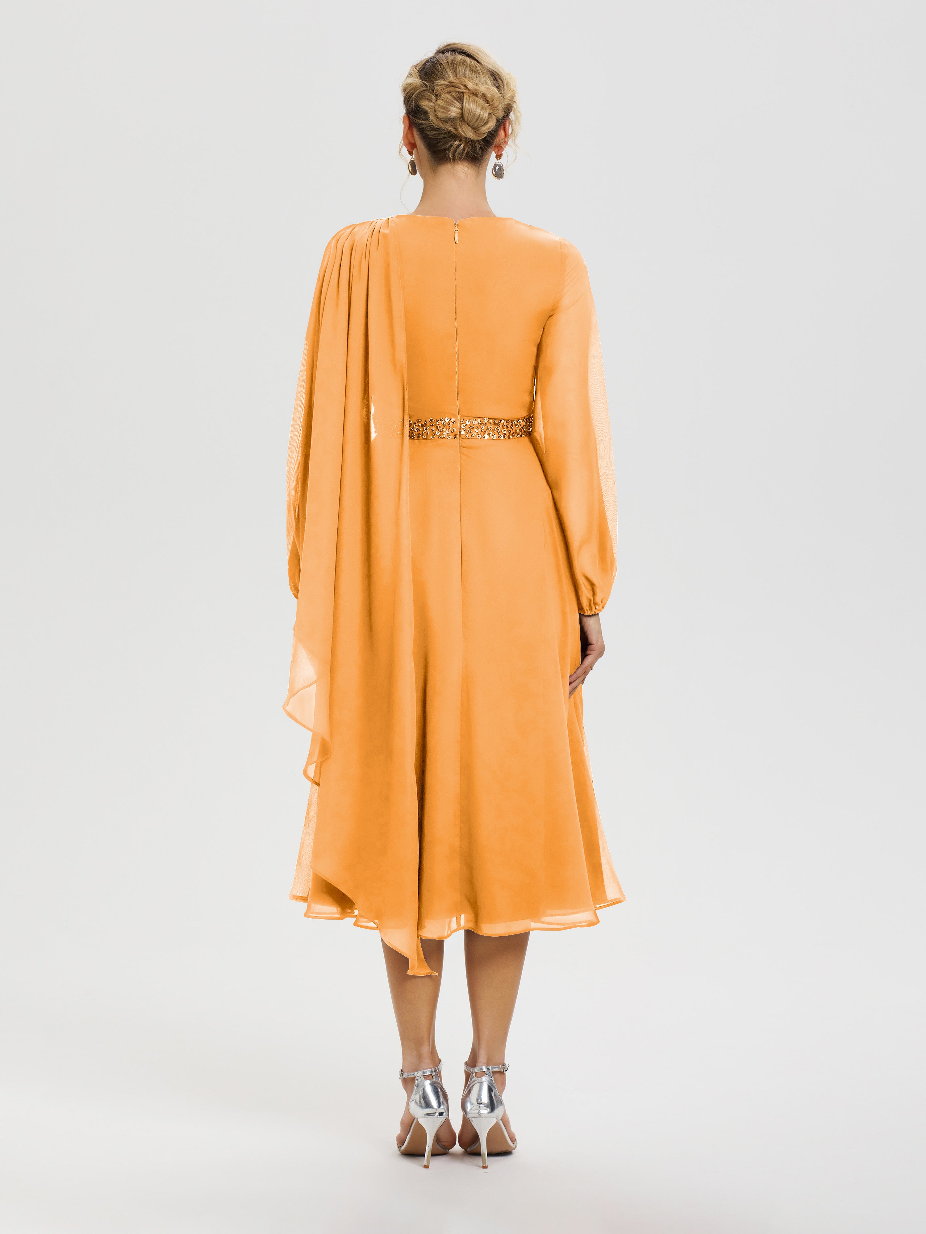Robe De Mère Du Marié Mandarine Col Rond Manches Longues Mousseline Robe De Mère Du Marié