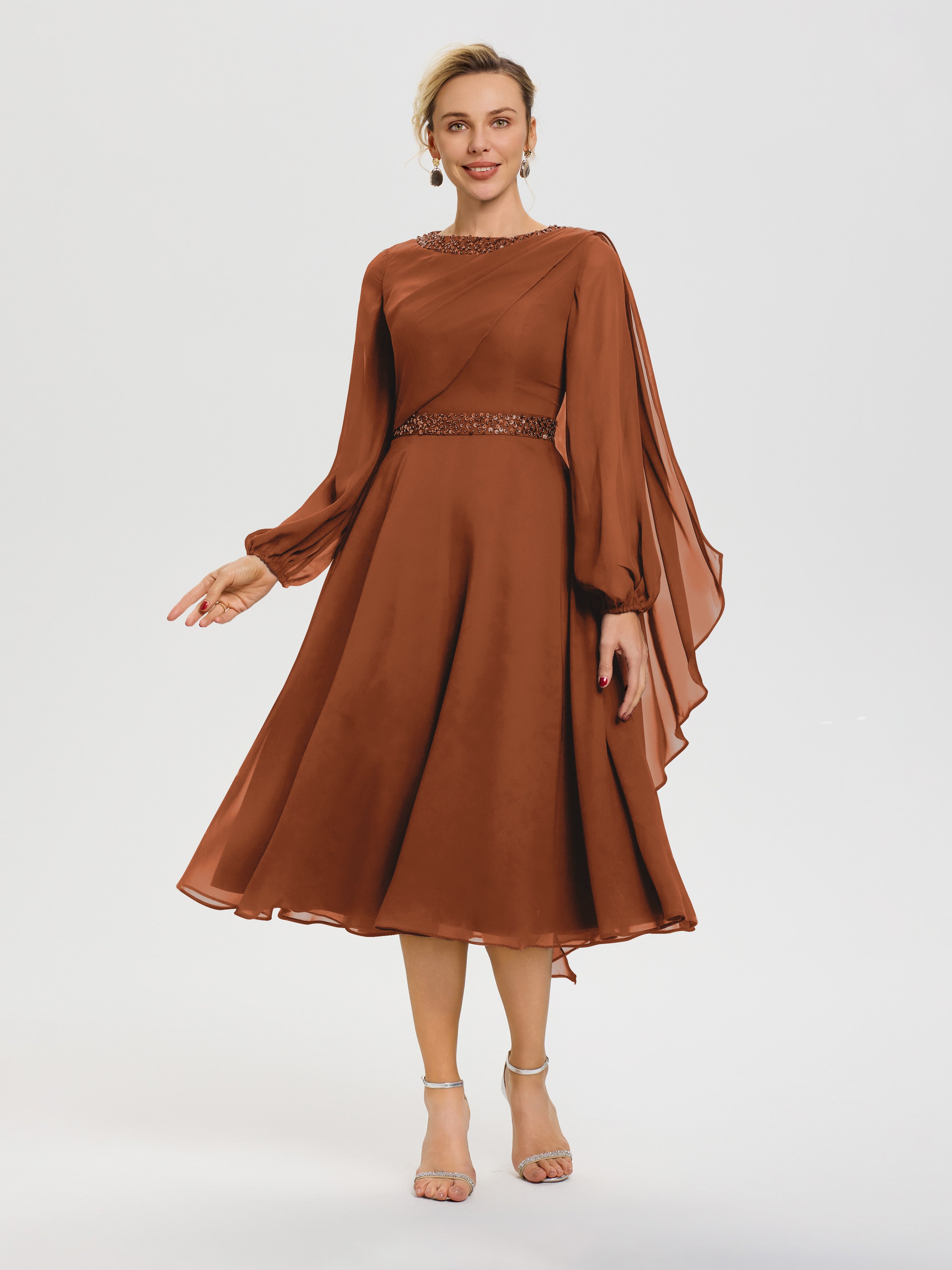 Robe Mere De La Mariee Terracotta Col Rond Manches Longues Mousseline Robe De Mère Du Marié