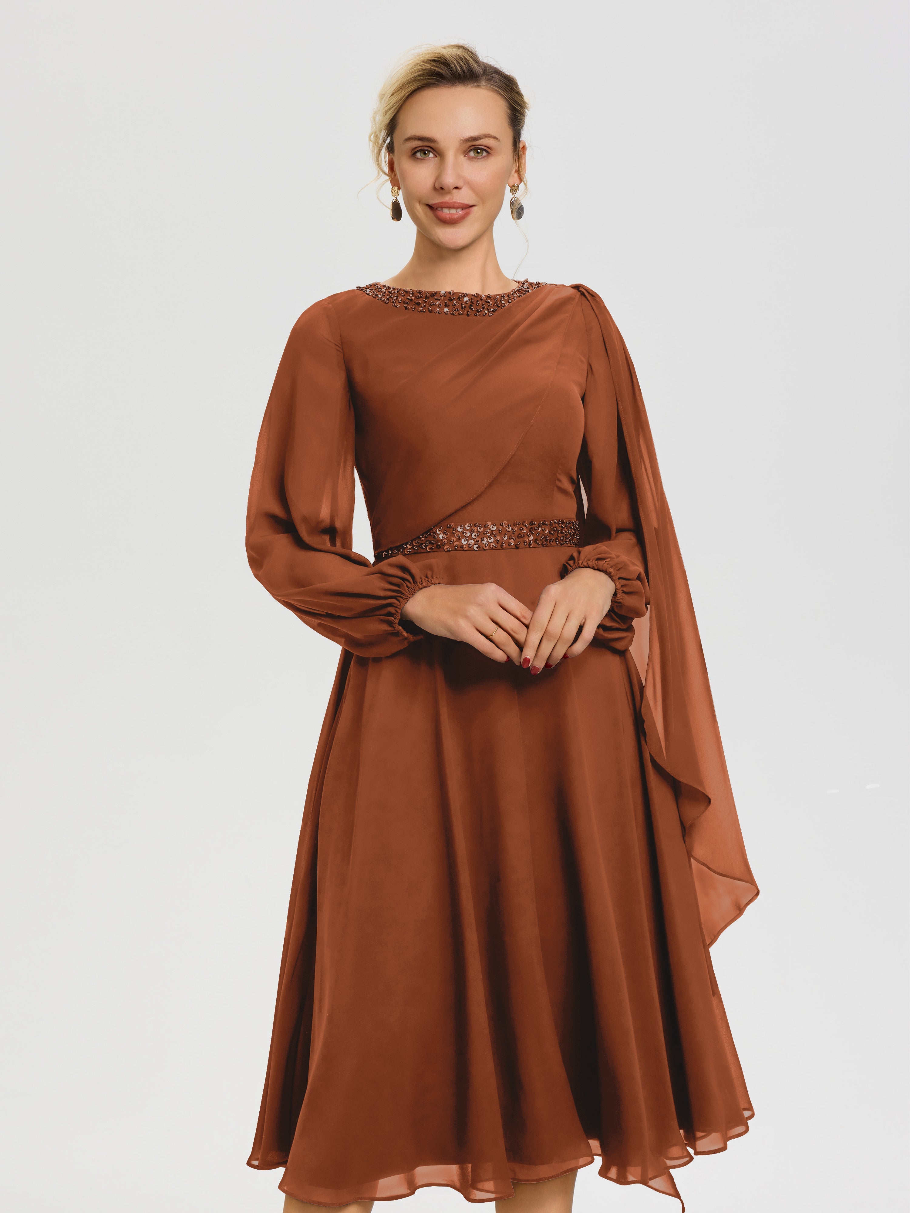 Robe Mere De La Mariee Terracotta Col Rond Manches Longues Mousseline Robe De Mère Du Marié