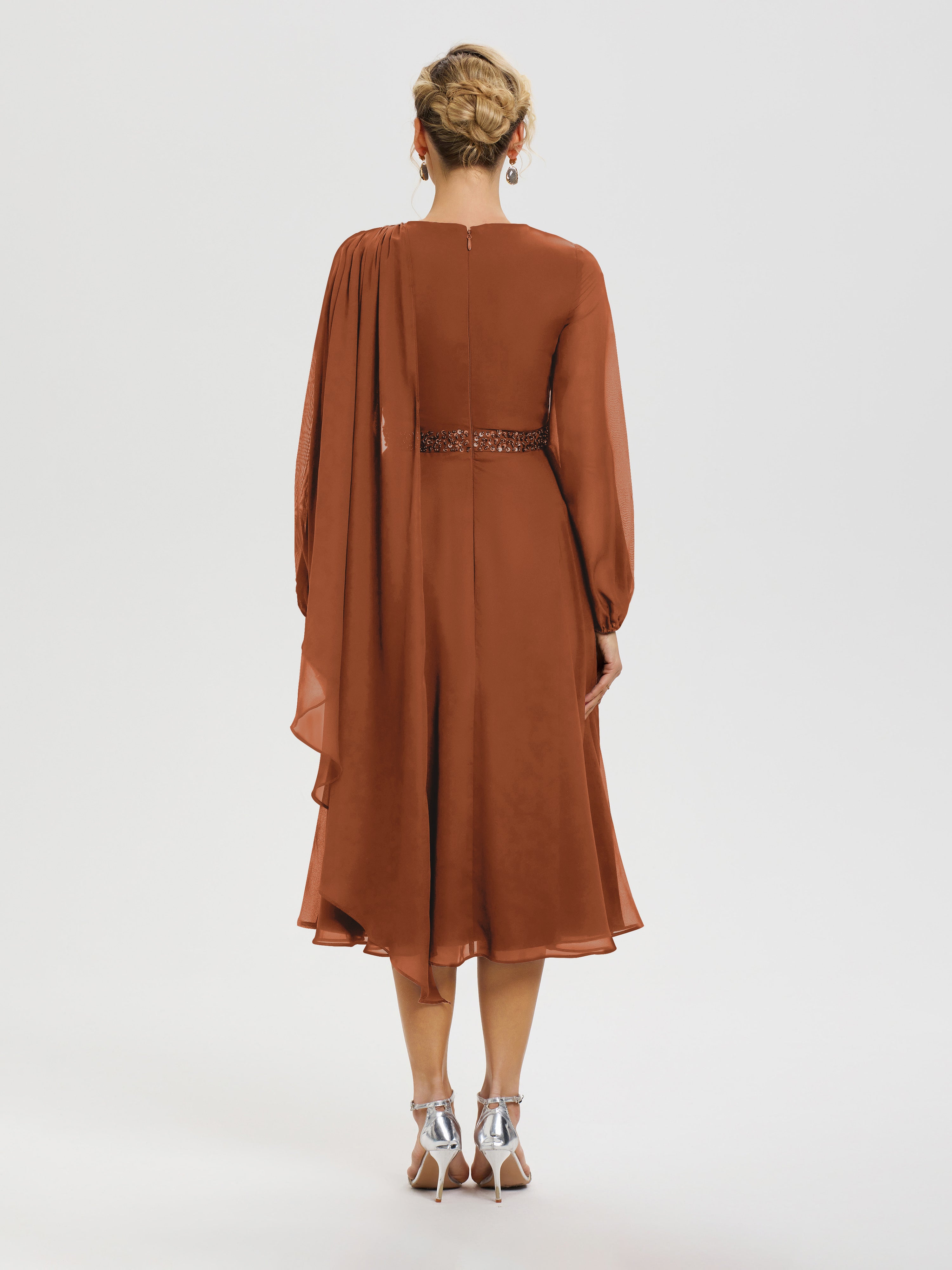 Robe Mere De La Mariee Terracotta Col Rond Manches Longues Mousseline Robe De Mère Du Marié